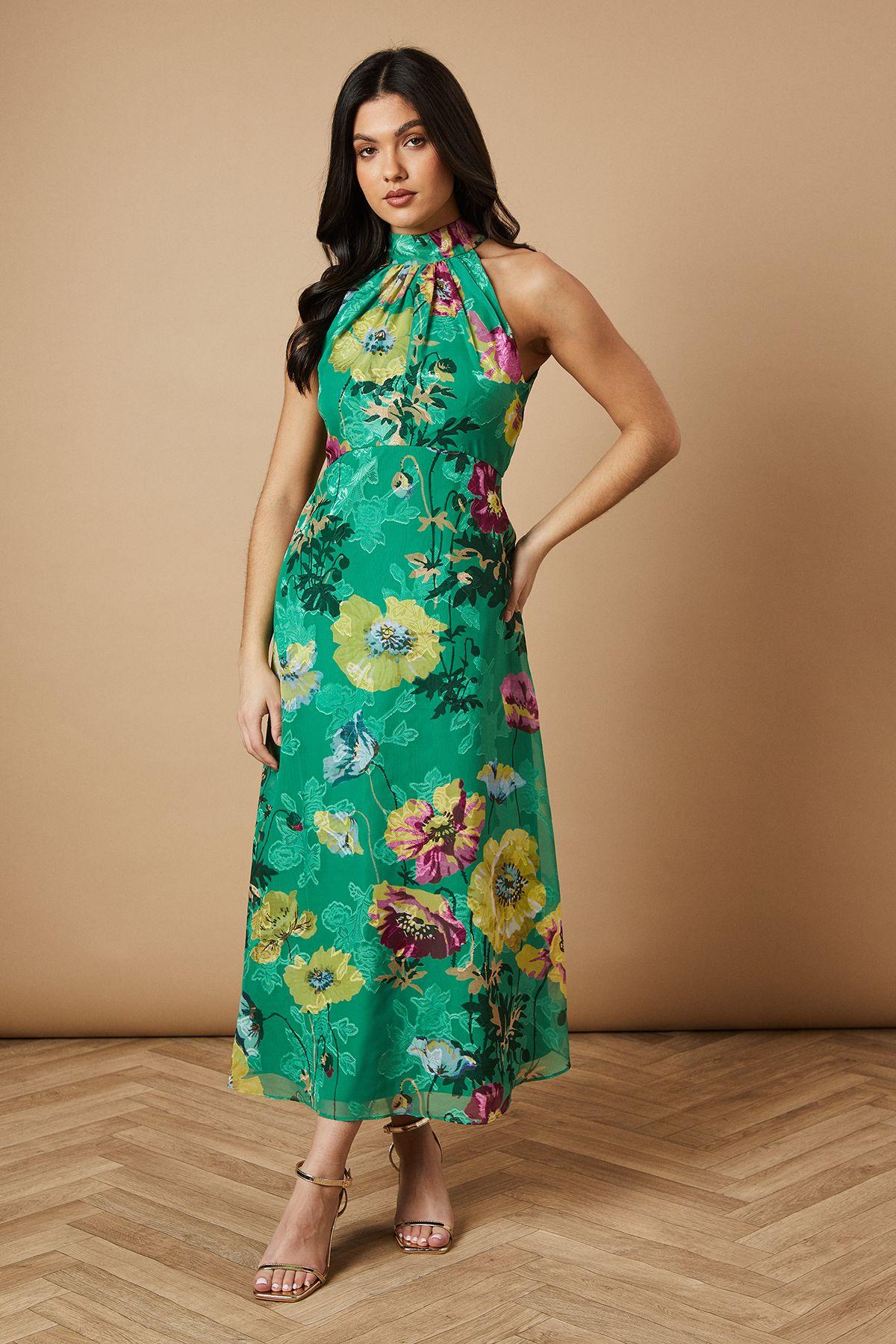 Oasis Floral Satin Burnout Halterneck Midi Dress in Green | Lyst UK