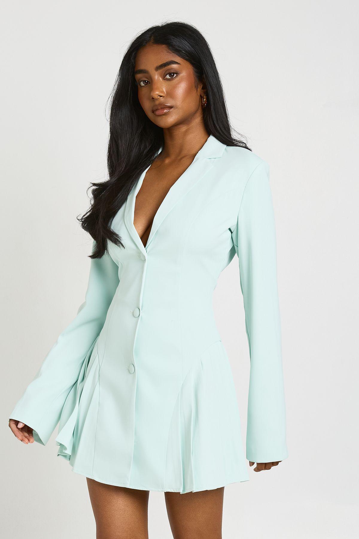boohoo green blazer dress Green Tall Woven Short Sleeve Wrap Blazer Dress