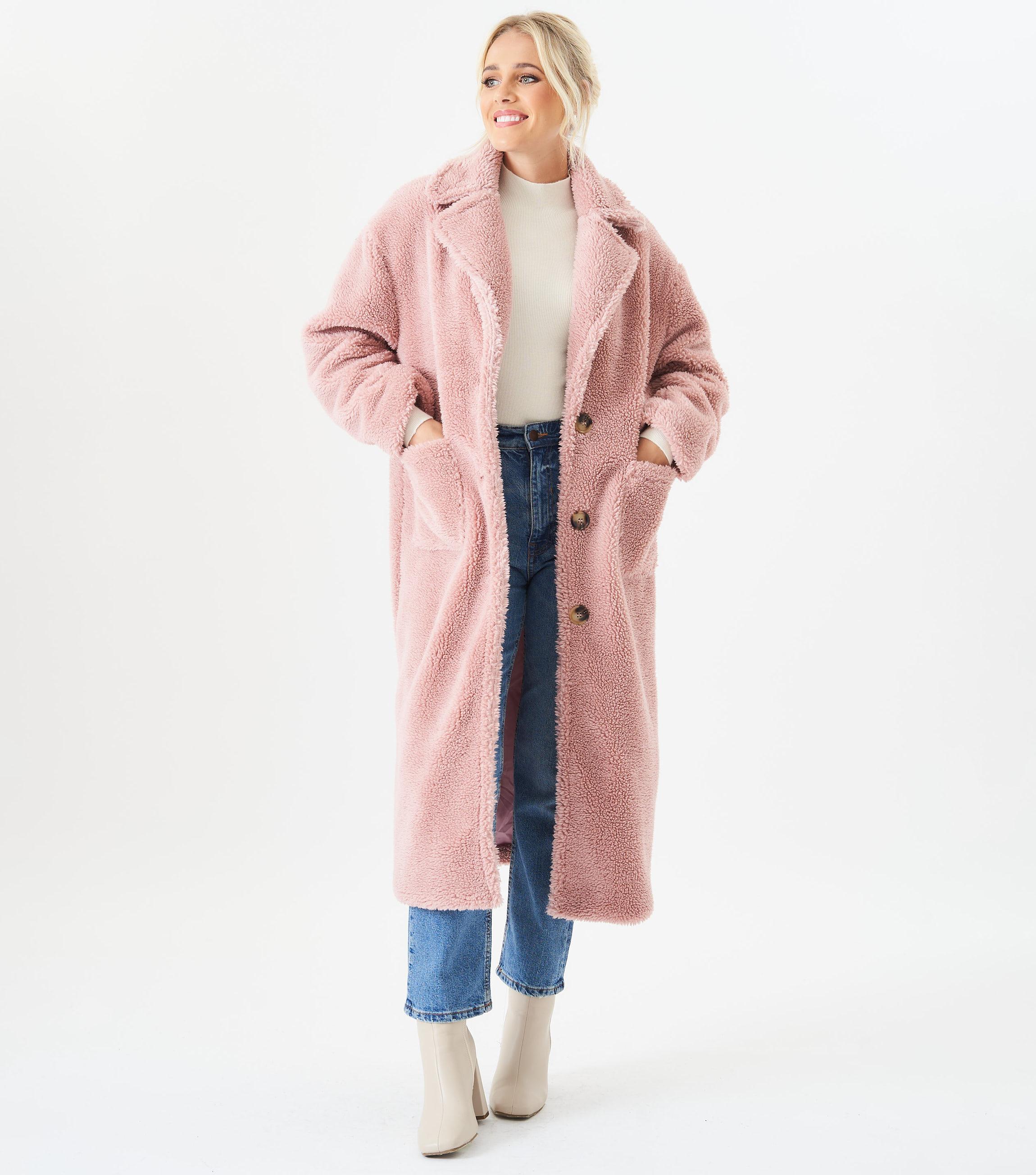 Long teddy coat pink on sale