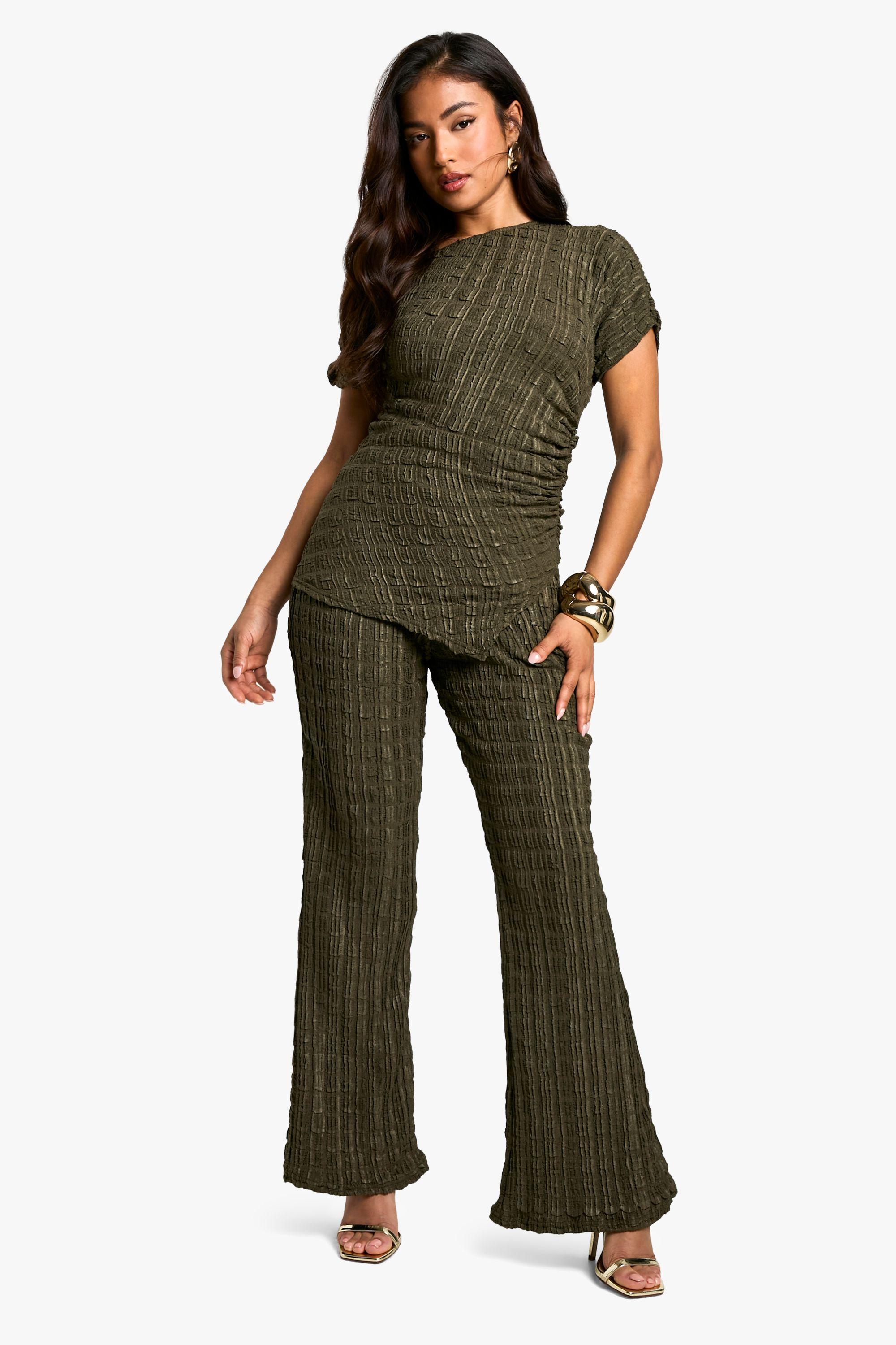 Boohoo Petite Crinkle Texture Drape Top And Flare Co Ord in Green