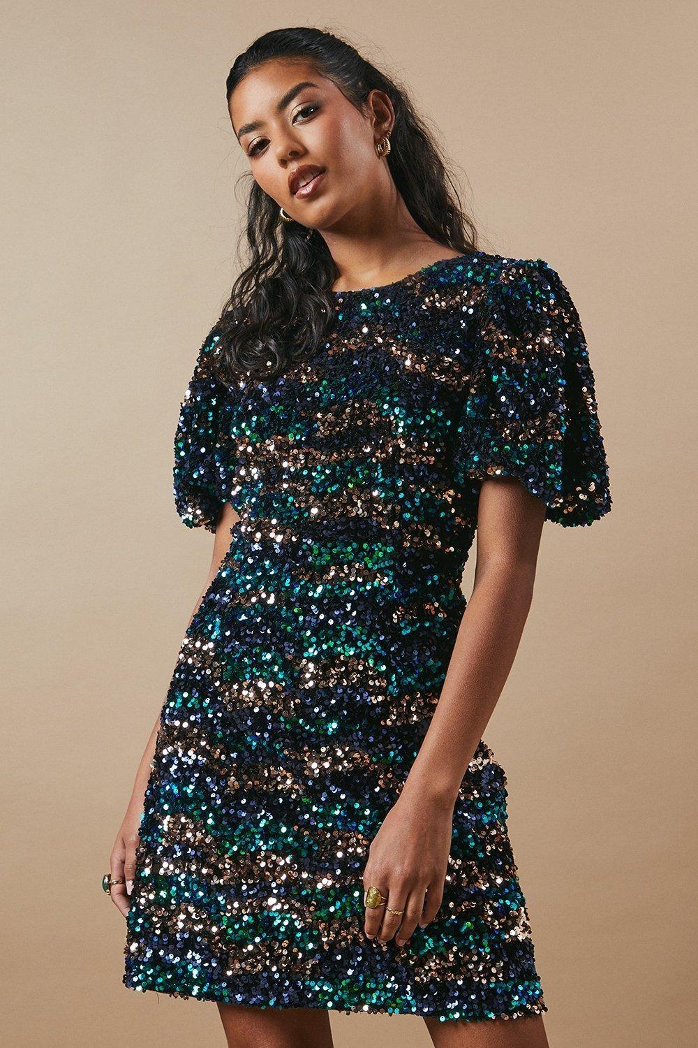 Oasis Petite Occasion Puff Sleeve Sequin Mini Dress in Blue | Lyst UK