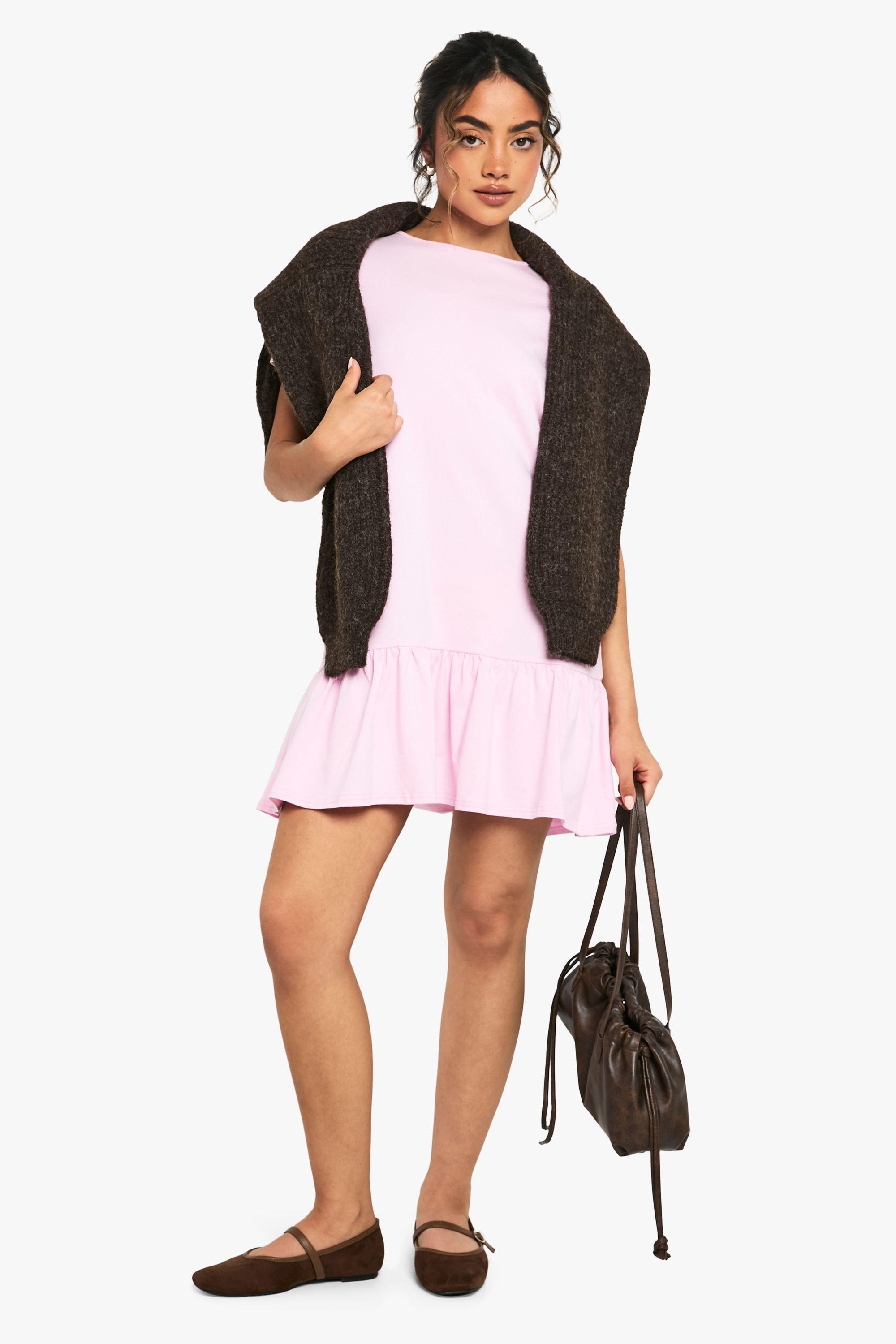 Boohoo Cotton Ruffle Dropped Hem Smock Dress in Pink | Lyst UK