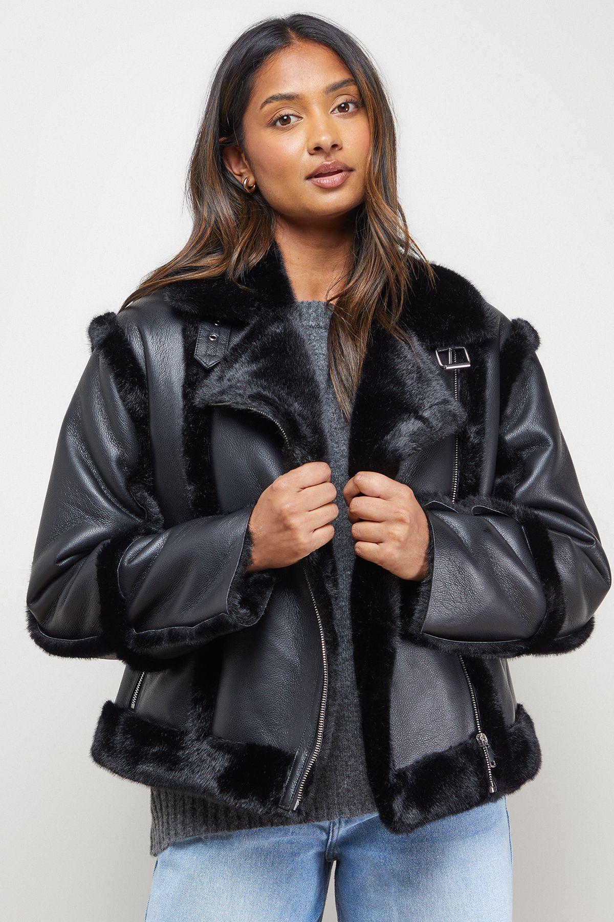 Oasis Shearling Pu Aviator Jacket in Black Lyst UK