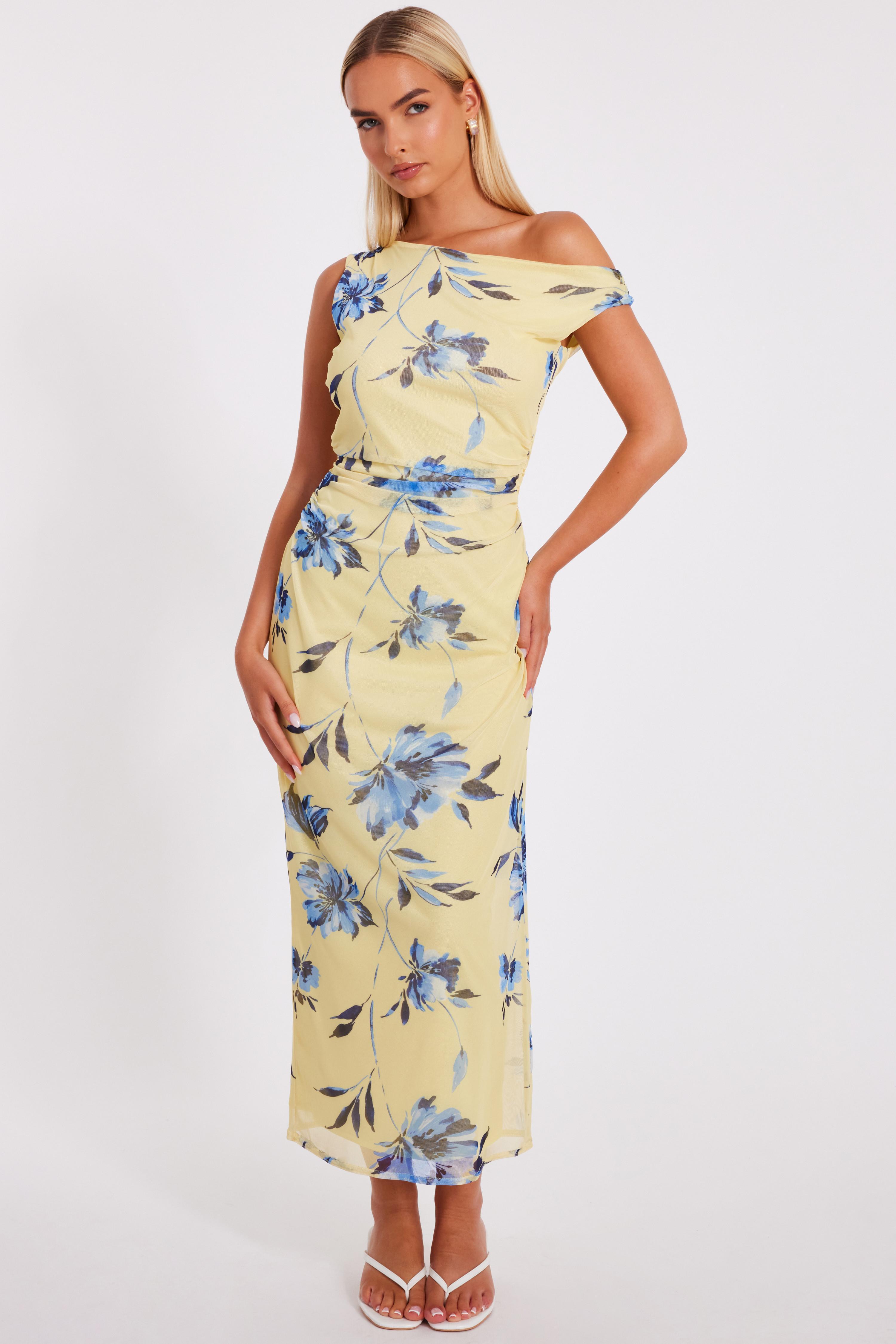 Quiz Lemon Floral Drop Sleeve Midaxi Dress in Metallic | Lyst UK