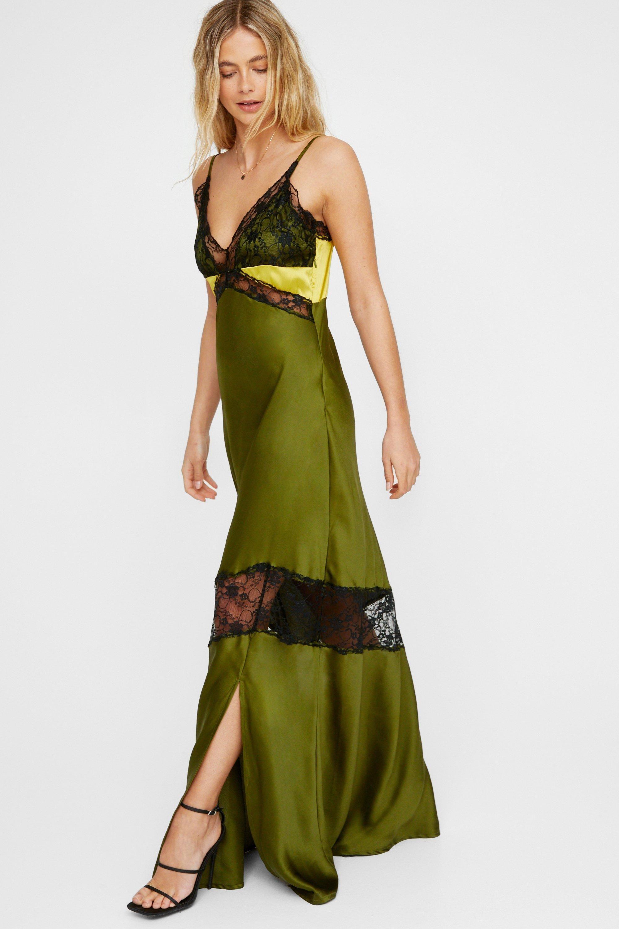 Nasty Gal Satin Lace Trim Mix Maxi Dress in Green Lyst UK