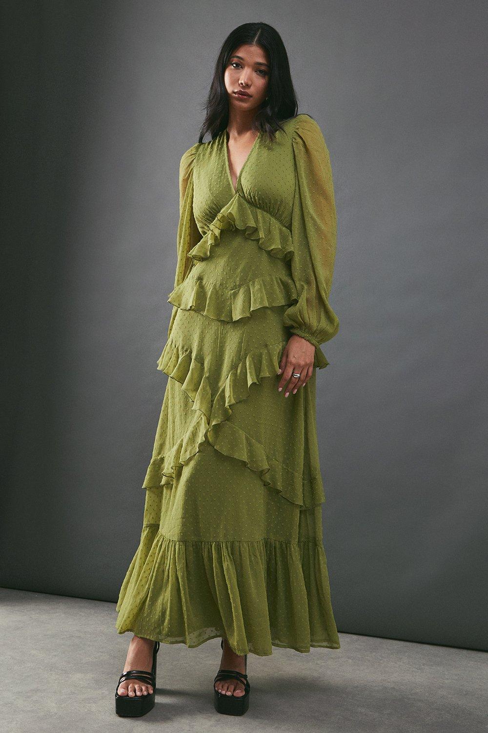 Warehouse Chiffon Plunge Neck Ruffle Detail Volume Sleeve Maxi