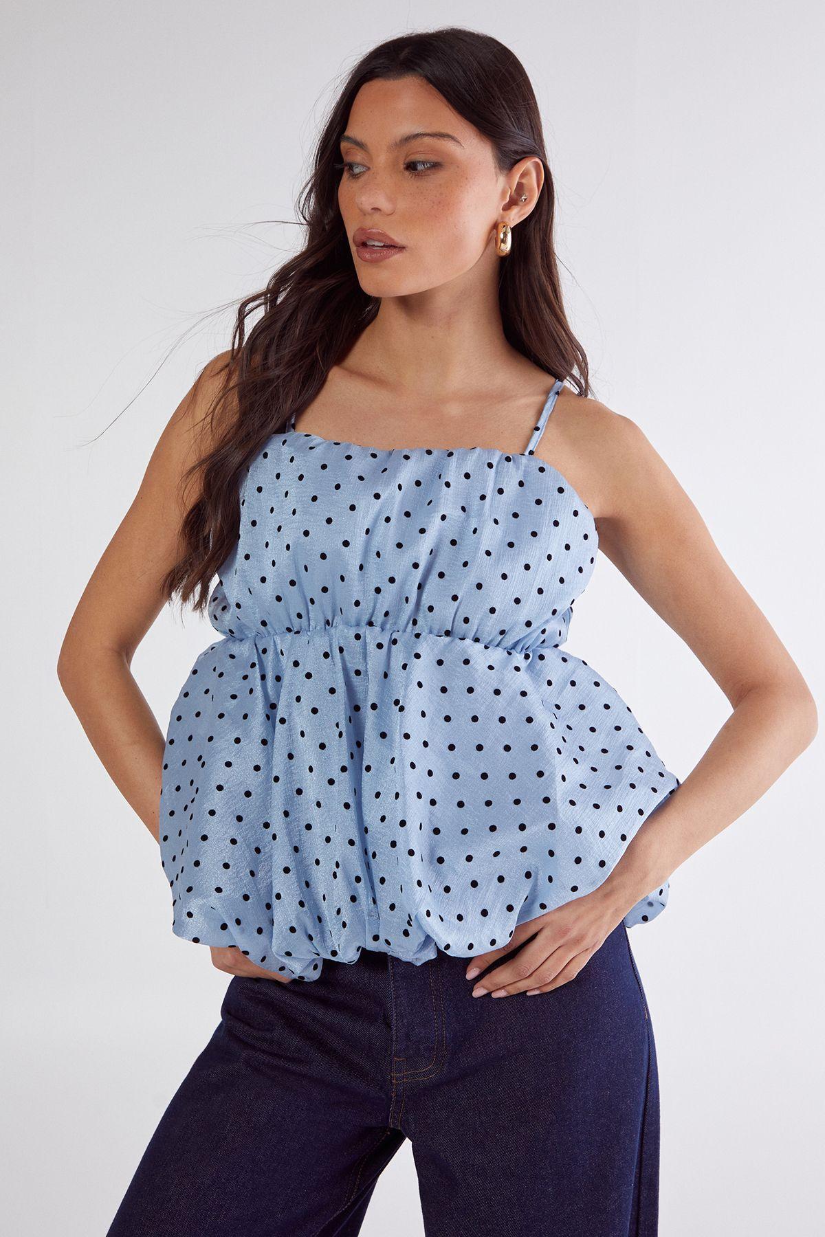 Nasty Gal Flocked Polka Dot Bubble Hem Longline Cami Top in Blue | Lyst UK
