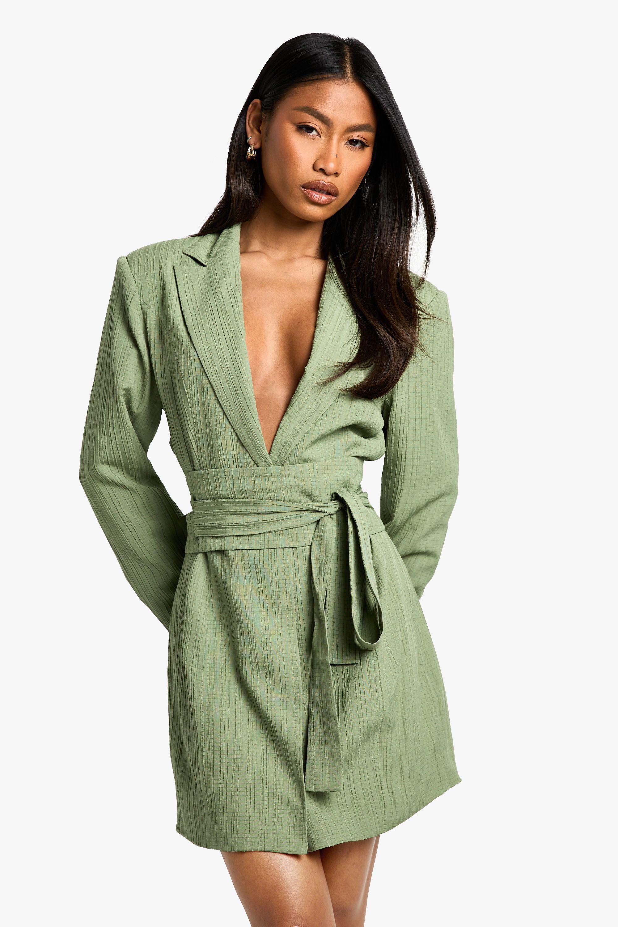 boohoo green blazer dress Buy Boohoo Plus Pleated Tie Waist Blazer Dress In Green