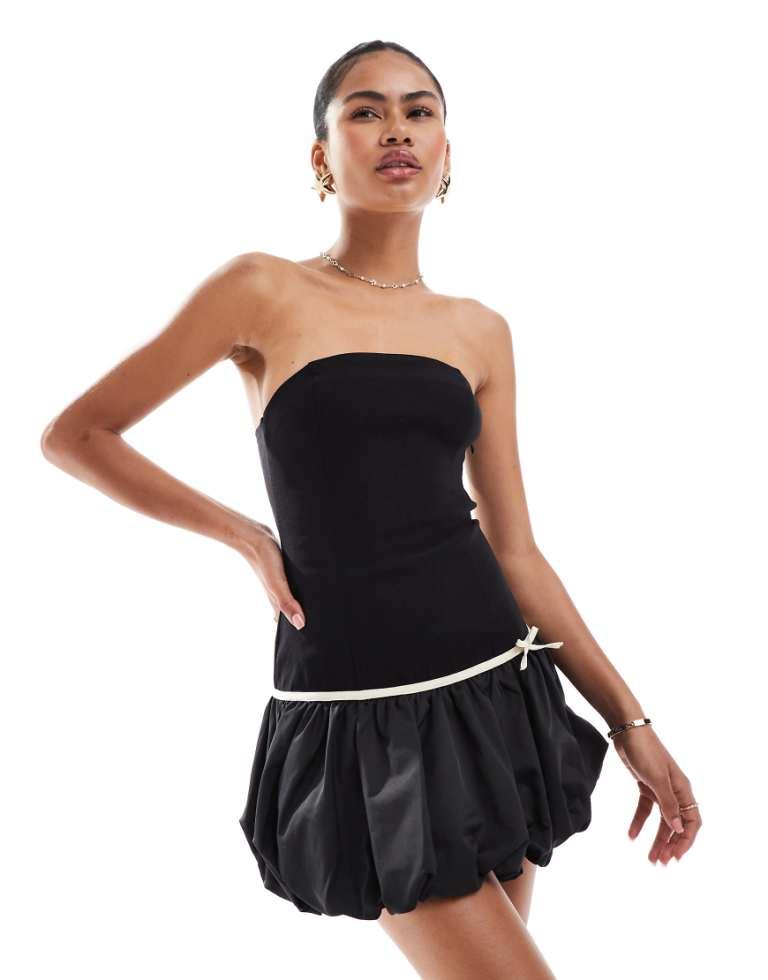 Motel Klaita Bow Detail Puffball Mini Dress in Black | Lyst UK