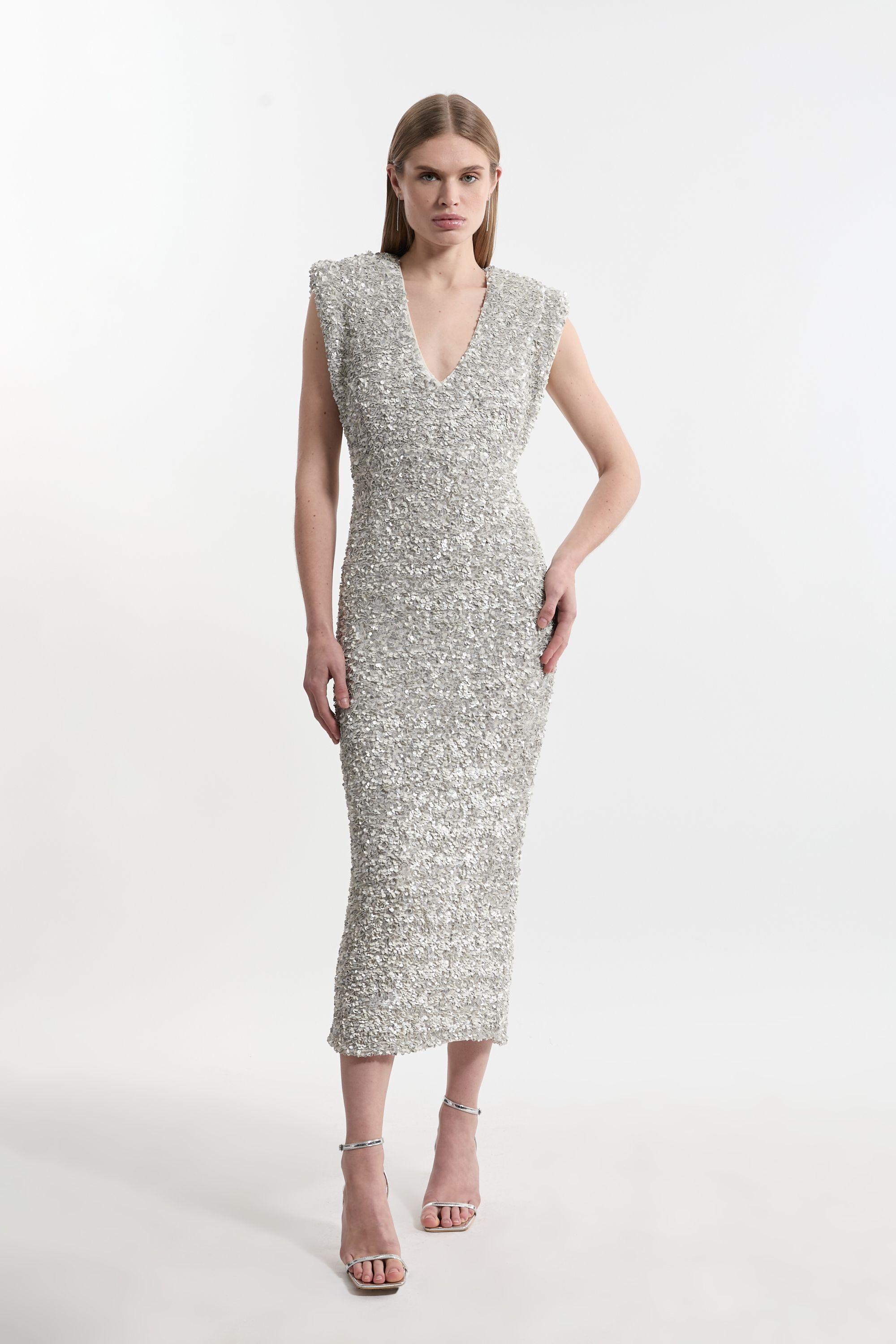 karen millen silver dress Foil Midi Size Large NWT C&J Collections Chicago a pair of delicate drop earrings and a simple bracelet will suffice Silver Karen Millen Eyelet Dress