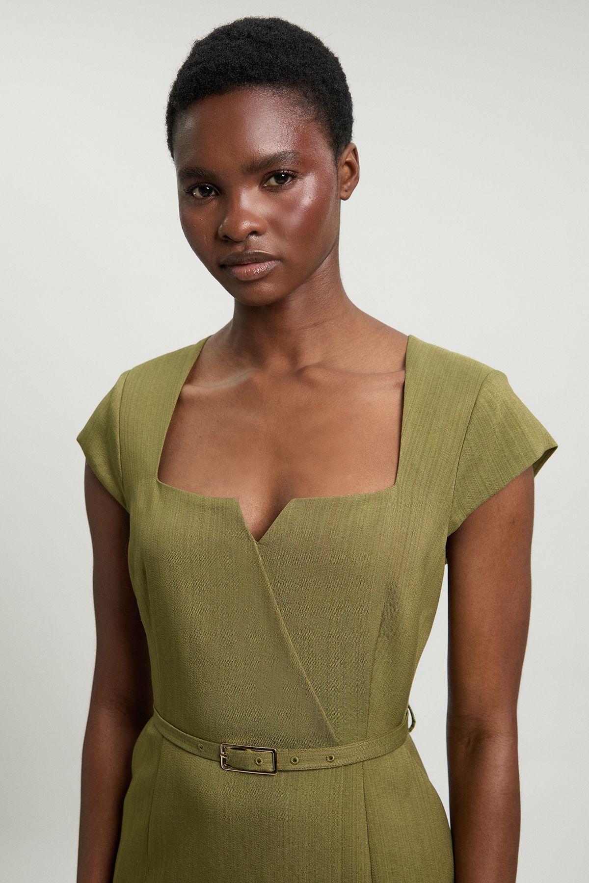 karen millen green pencil dress Green Structured Crepe Pencil Midi Dress