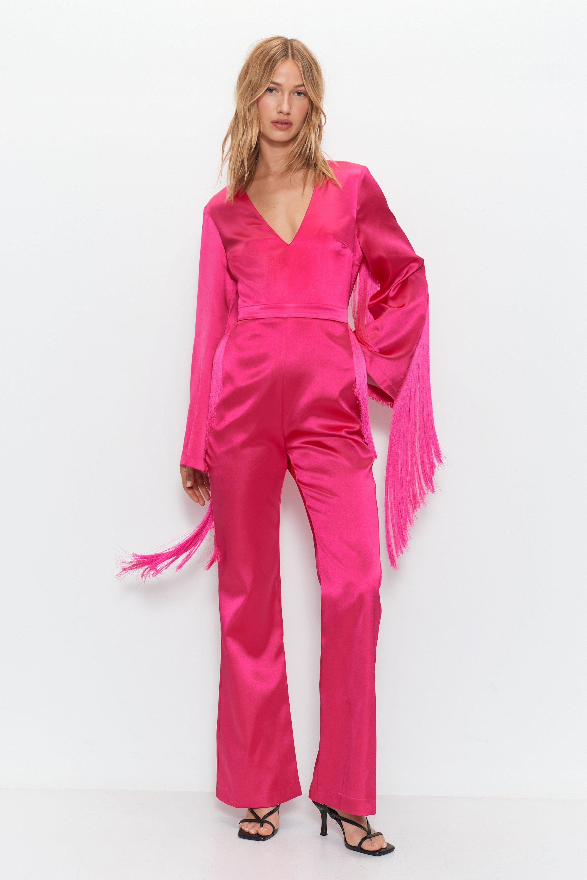 Warehouse Premium Bonded Satin Fringe 70S Jumpsuit in Pink