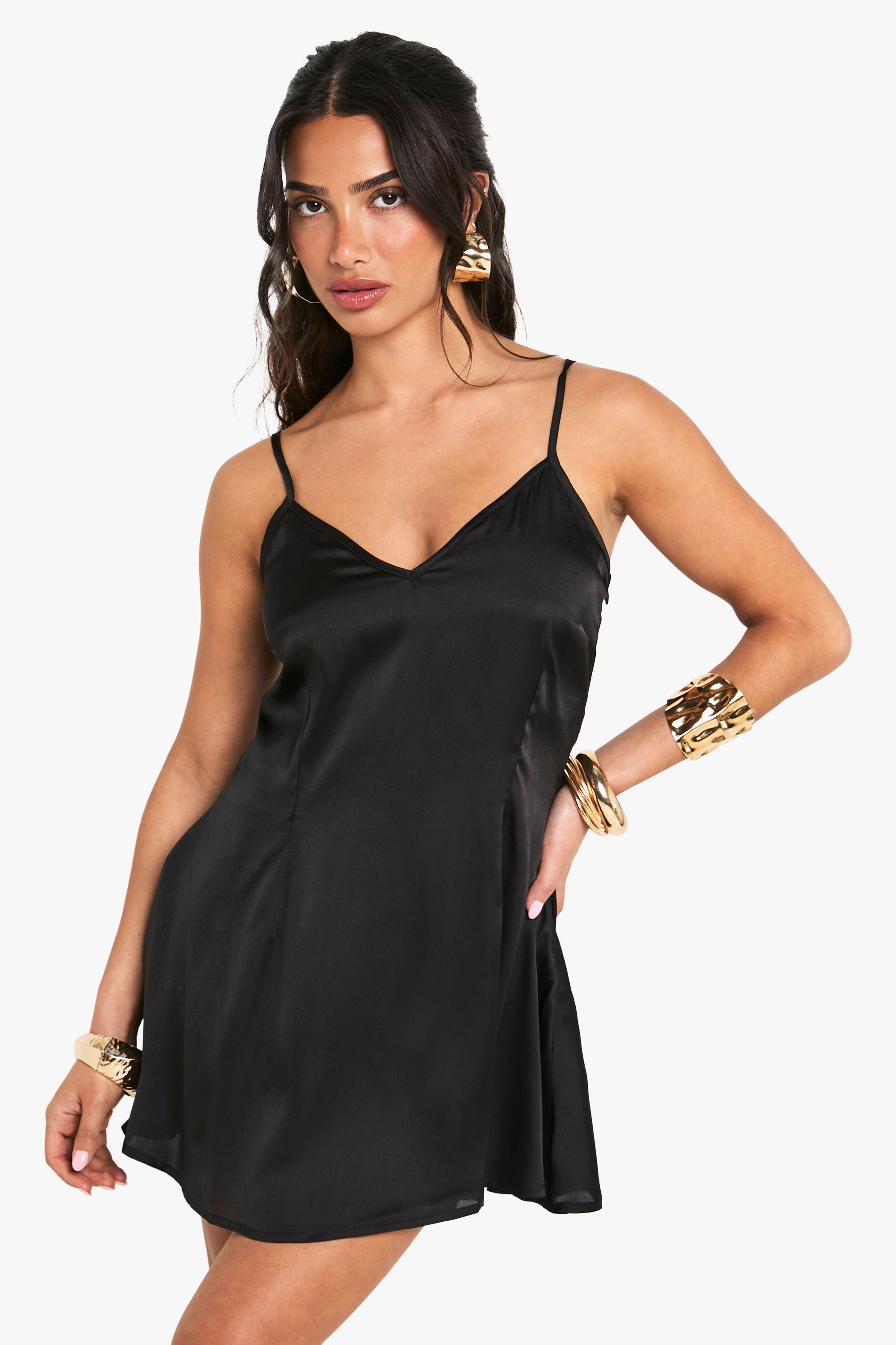 Boohoo Petite Satin Strappy Skater Mini Dress in Black Lyst UK