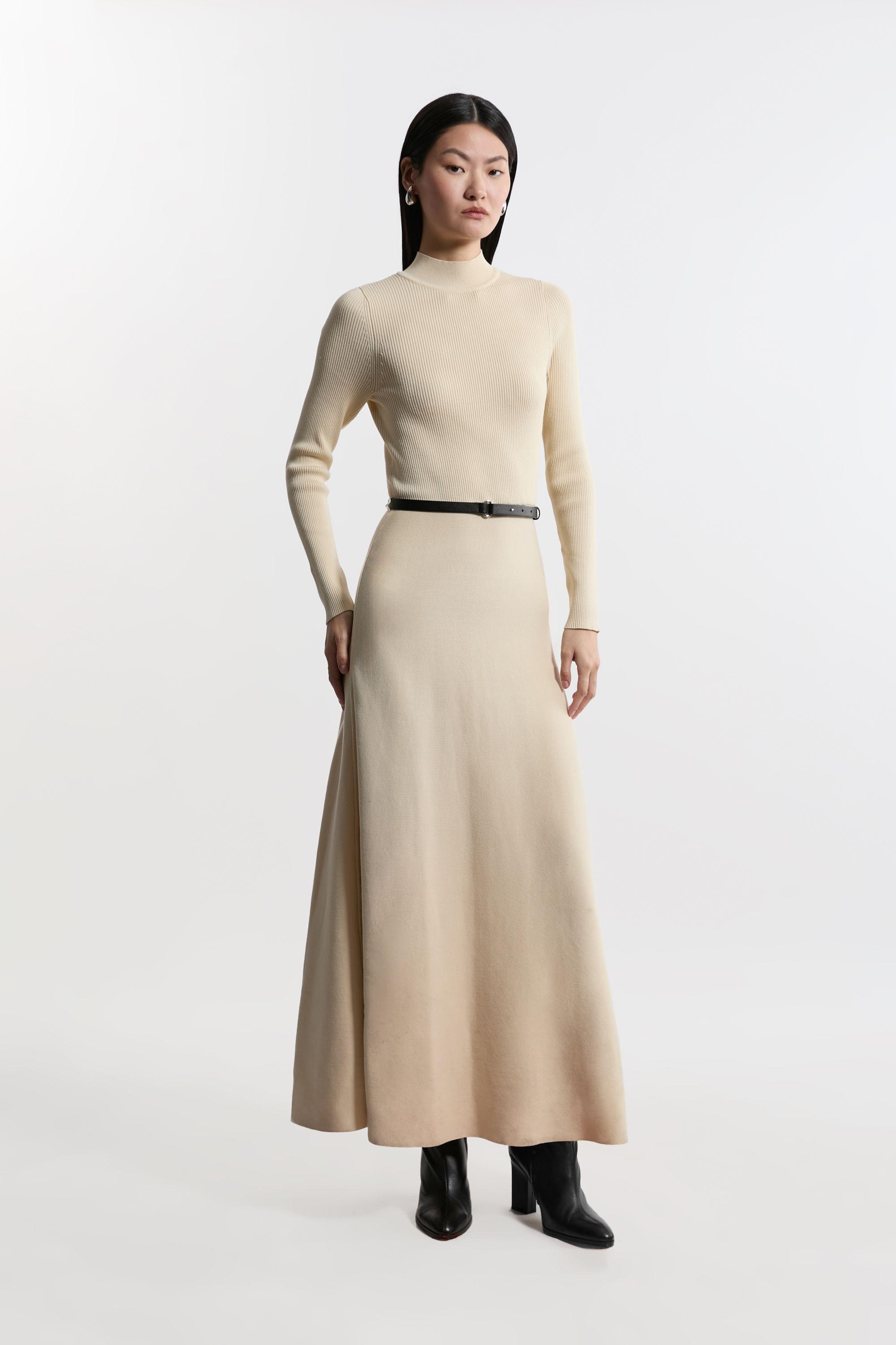 Karen Millen Belted Wool Knit Polo Midi Dress Karen Millen Viscose