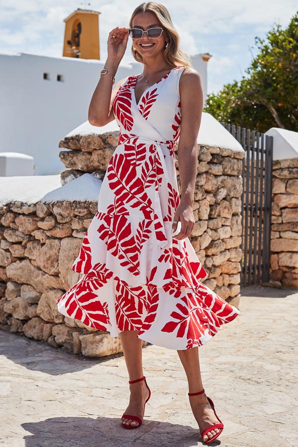 Sosandar Palm Print Midi Wrap Dress in Red Lyst UK