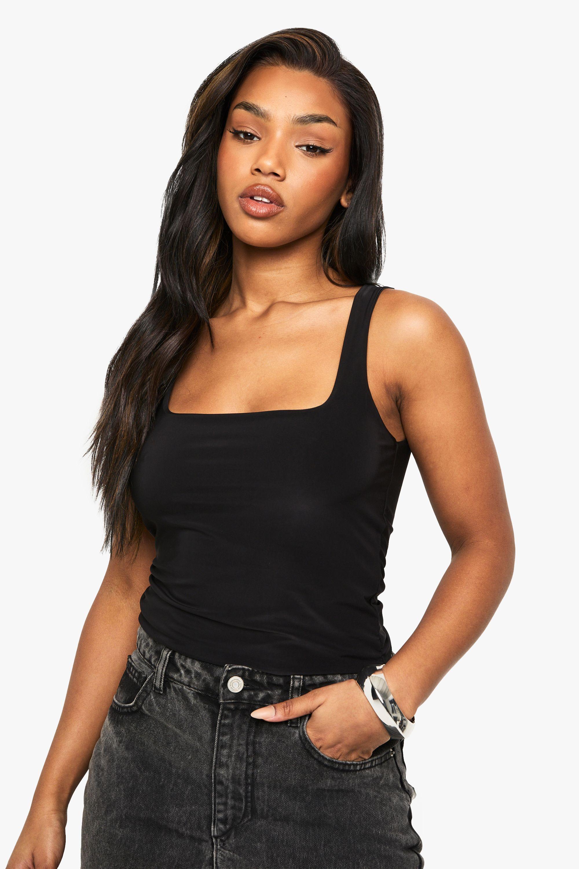 Boohoo Double Layer Slinky Square Neck Vest Top in Black Lyst UK