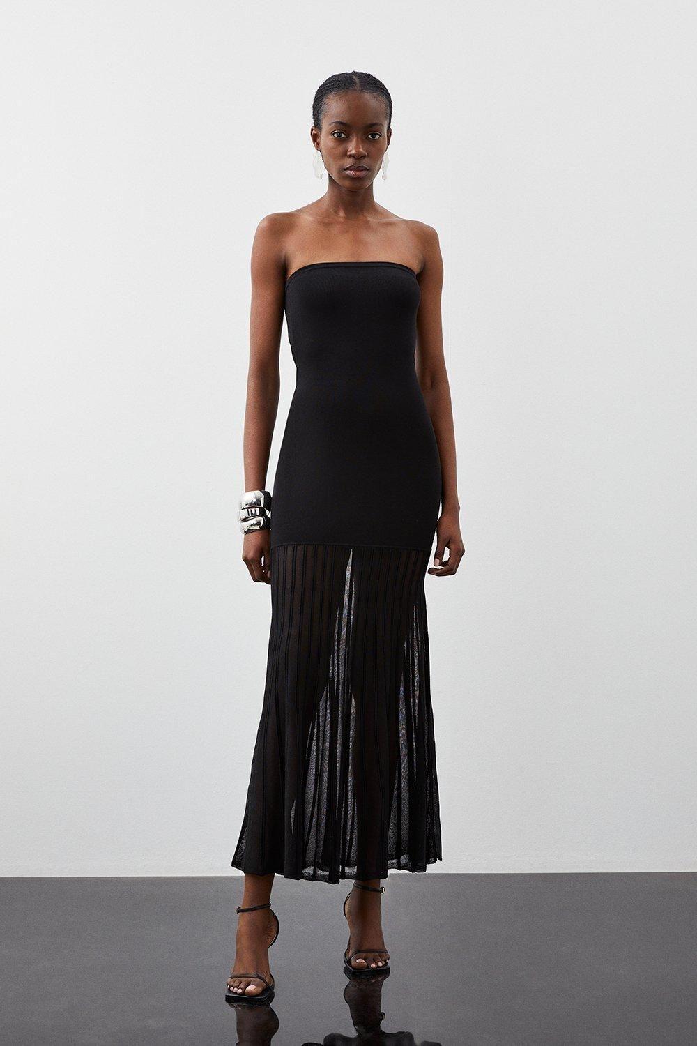 Karen Millen Viscose Blend Sheer Knit Bandeau Pleated Skirt Maxi Dress in  Black | Lyst UK