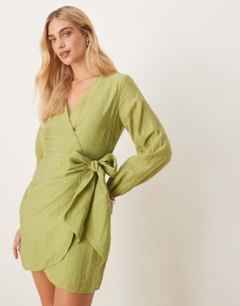 Never Fully Dressed Hotfix Wrap Mini Dress in Green