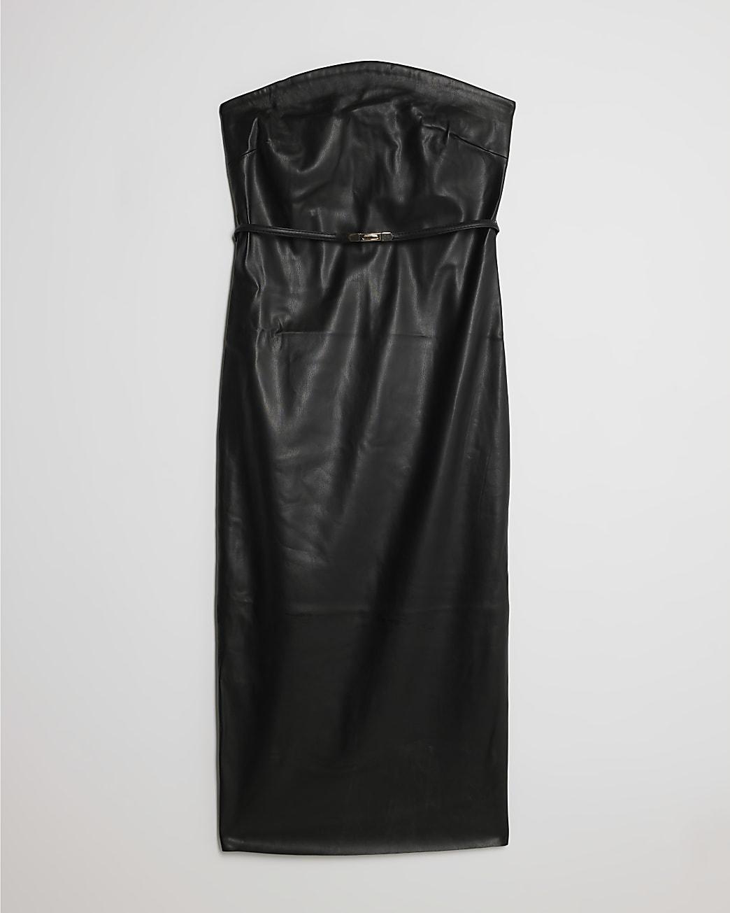 leather bandeau midi dress SHEIN ICON Thigh-Slit PU Leather Bandeau Bodycon Long Dress