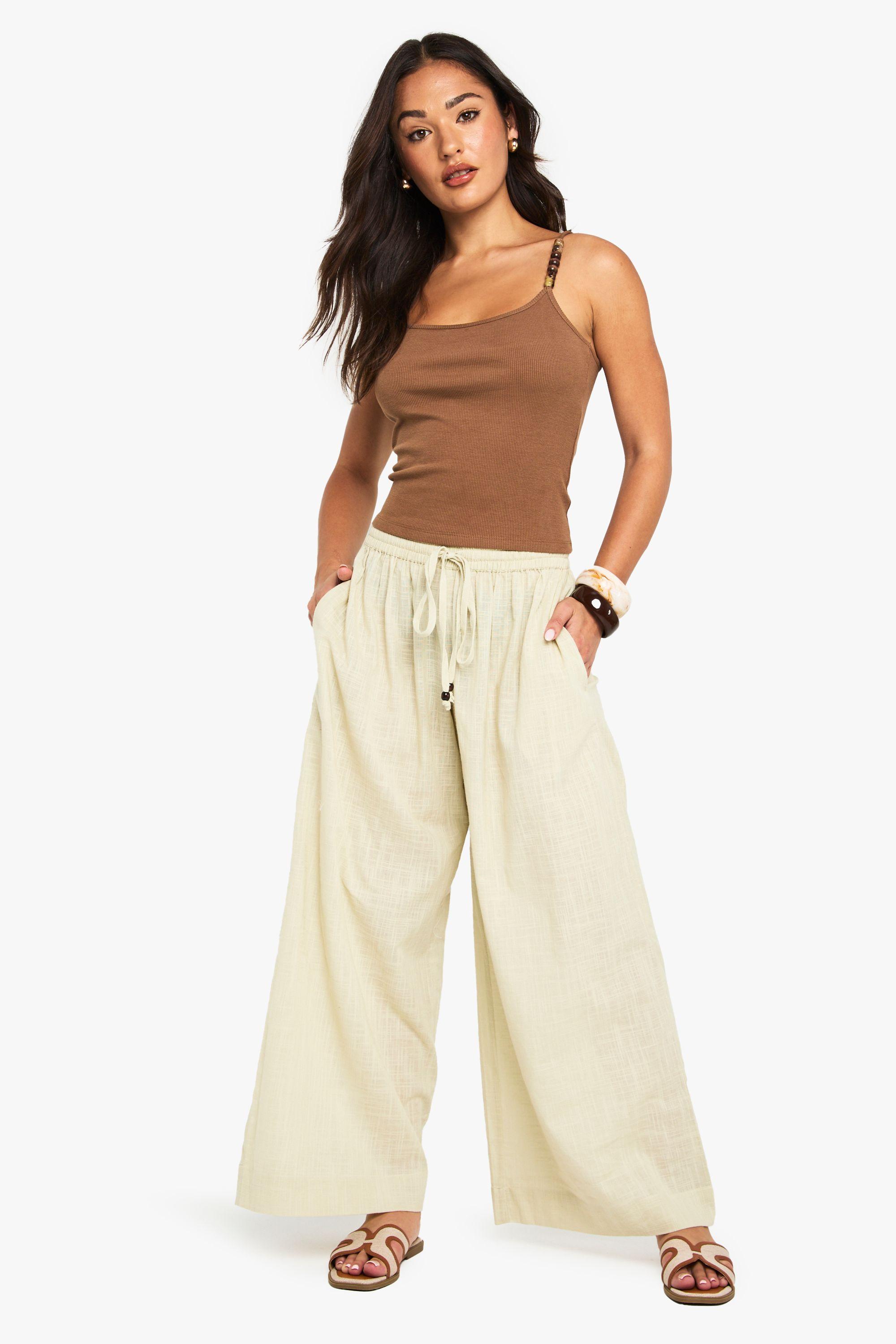 Boohoo Petite Linen Beaded Wide Leg Beach Pants in Natural Lyst UK