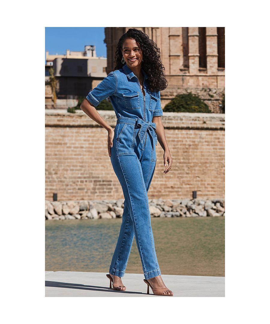 Sosandar Mid Denim Tie Waist Utility Jumpsuit in Blue Lyst UK