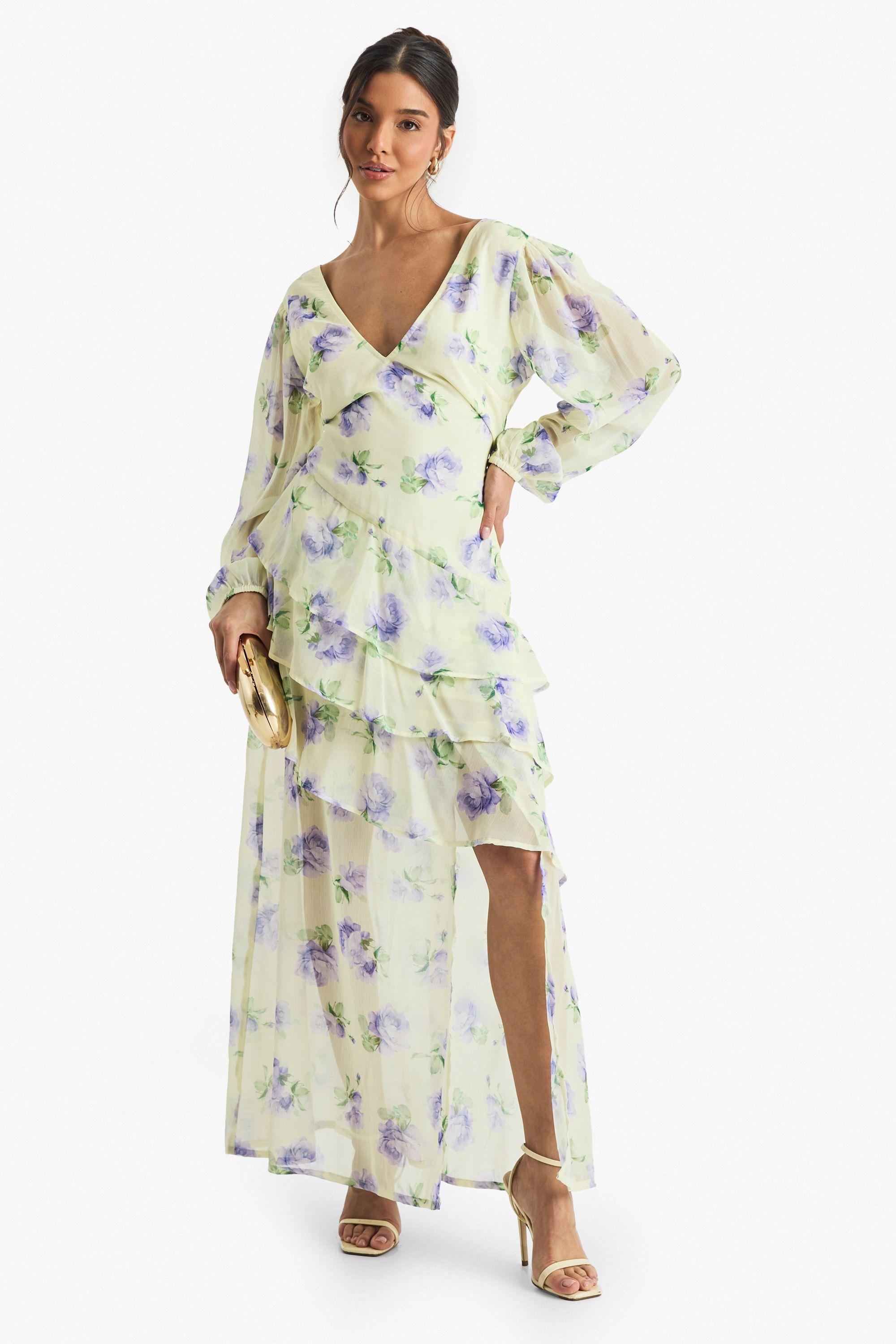 floral dobby cut out ruffle maxi dress Floral Dobby Ruffle Detail Midaxi Dress