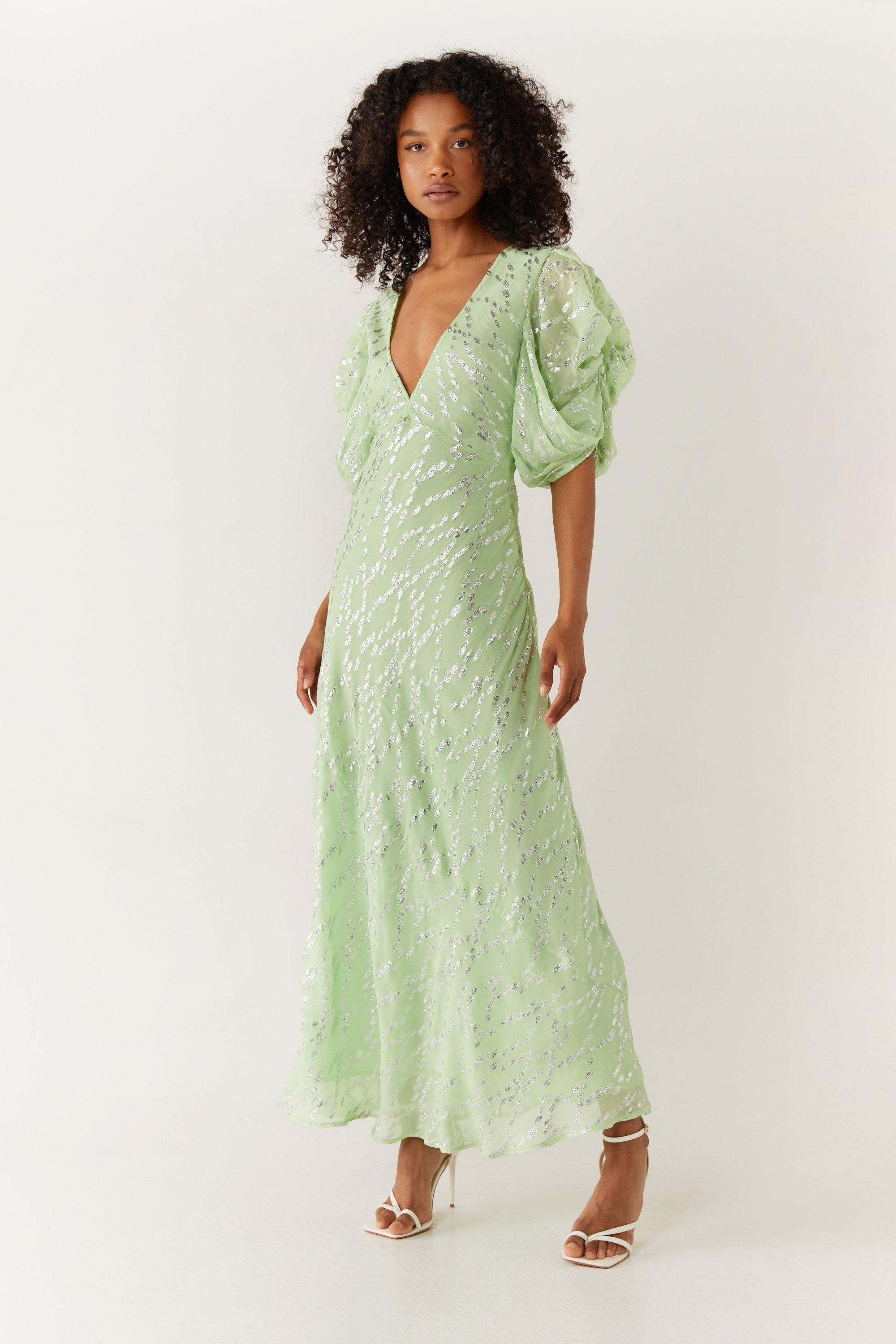 knee length dresses for ladies MissJophiel Puff Sleeves V Neck Silk Cutton Midi Dress Other / Tea Length / US10 main image 0