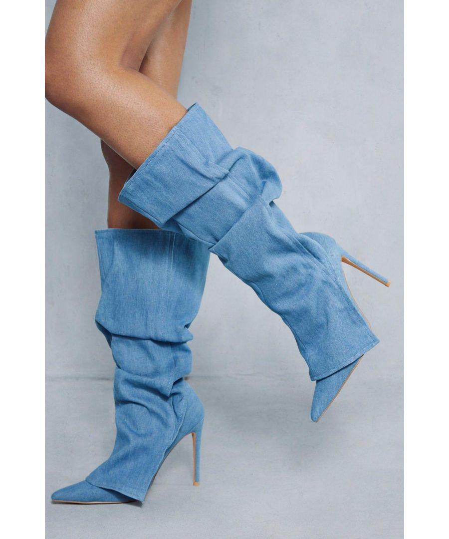 MissPap Denim Overlay Knee High Boots in Blue Lyst UK