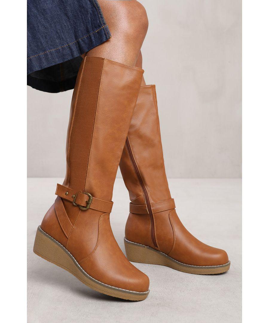 Tan wedge knee high boots hotsell