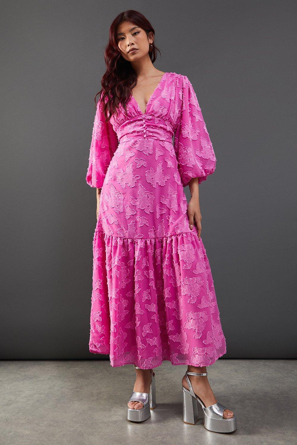 Warehouse Burnout Chiffon Plunge Neck Ruched Bodice Peplum Midi Dress in Pink Lyst UK