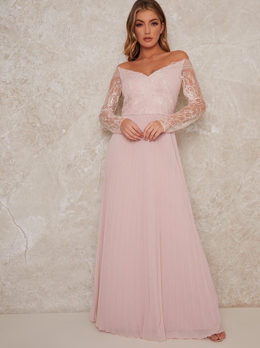 Cobalt Blue Lace Bardot Dress Uk Chi Chi London Curve Lace Bridesmaid Maxi  Dress With Long Sleeves In Pink Lyst UK