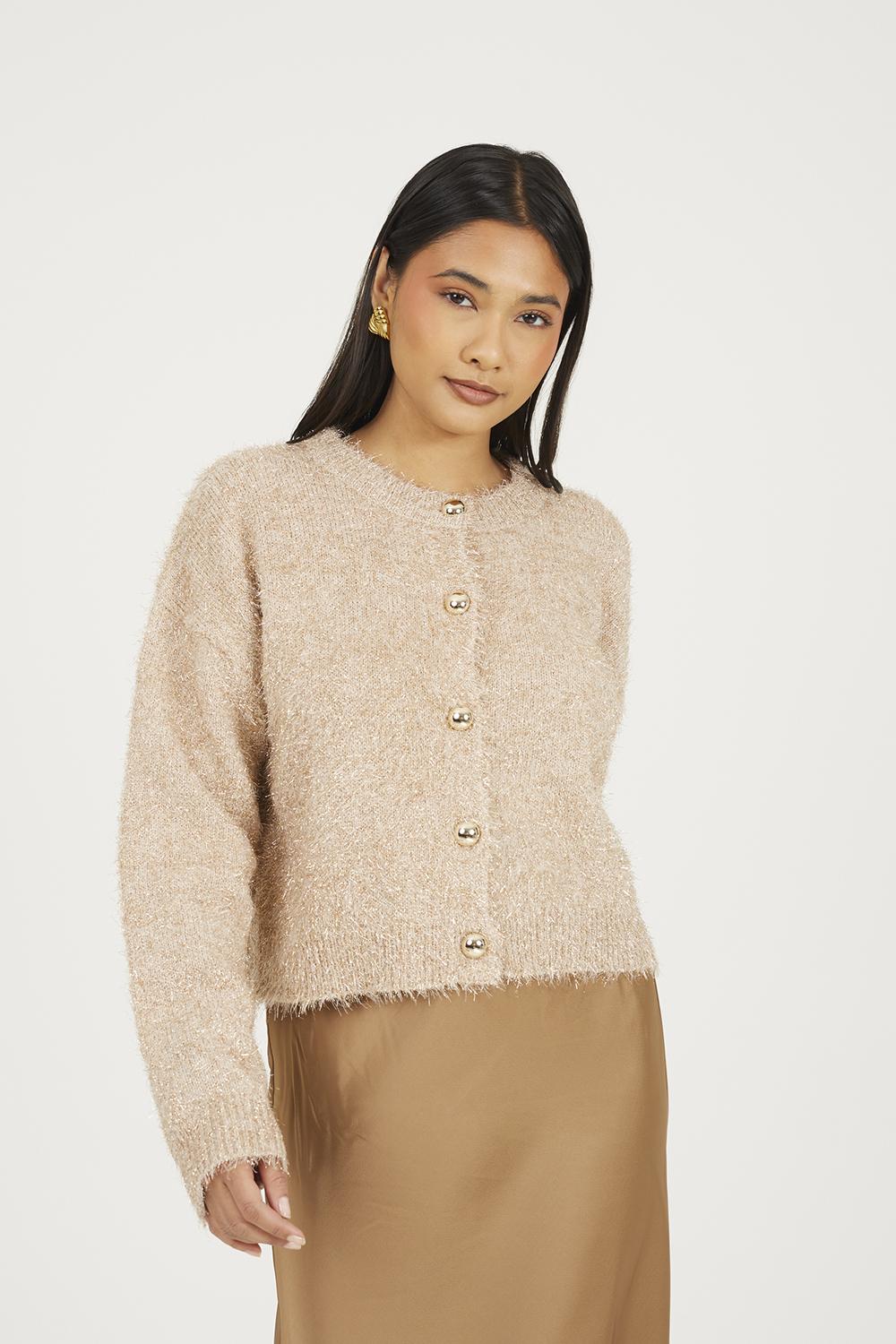 Brave Soul Fluffy Tinsel Knit Cardigan in Natural Lyst UK