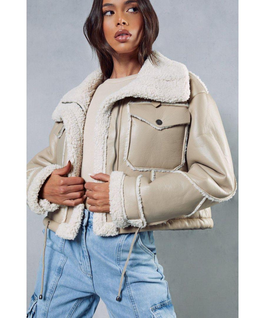 MissPap Borg Lined Textured Leather Look Aviator Jacket in Natural Lyst UK