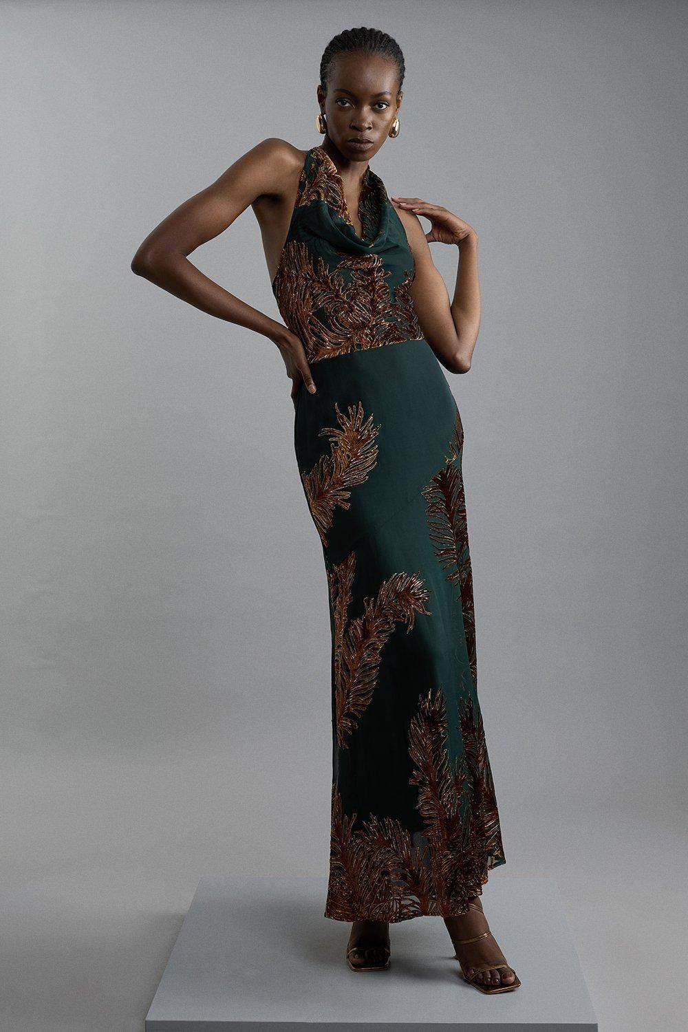 karen millen green feather dress Devore Halter Neck Woven Midi in Black Mini dress