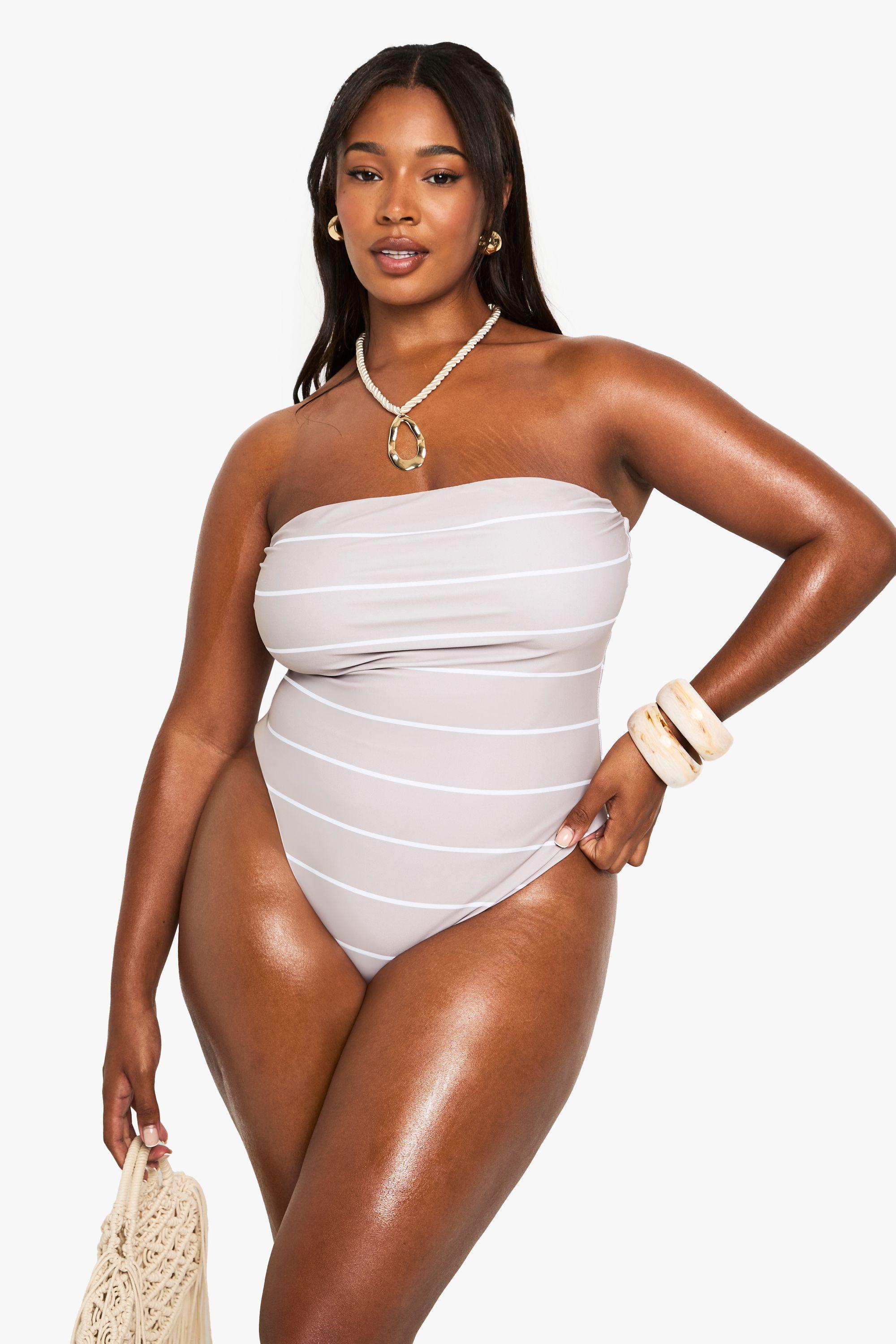 Boohoo Plus Swimwear Essentials Stripe Bandeau Swimsuit in Brown