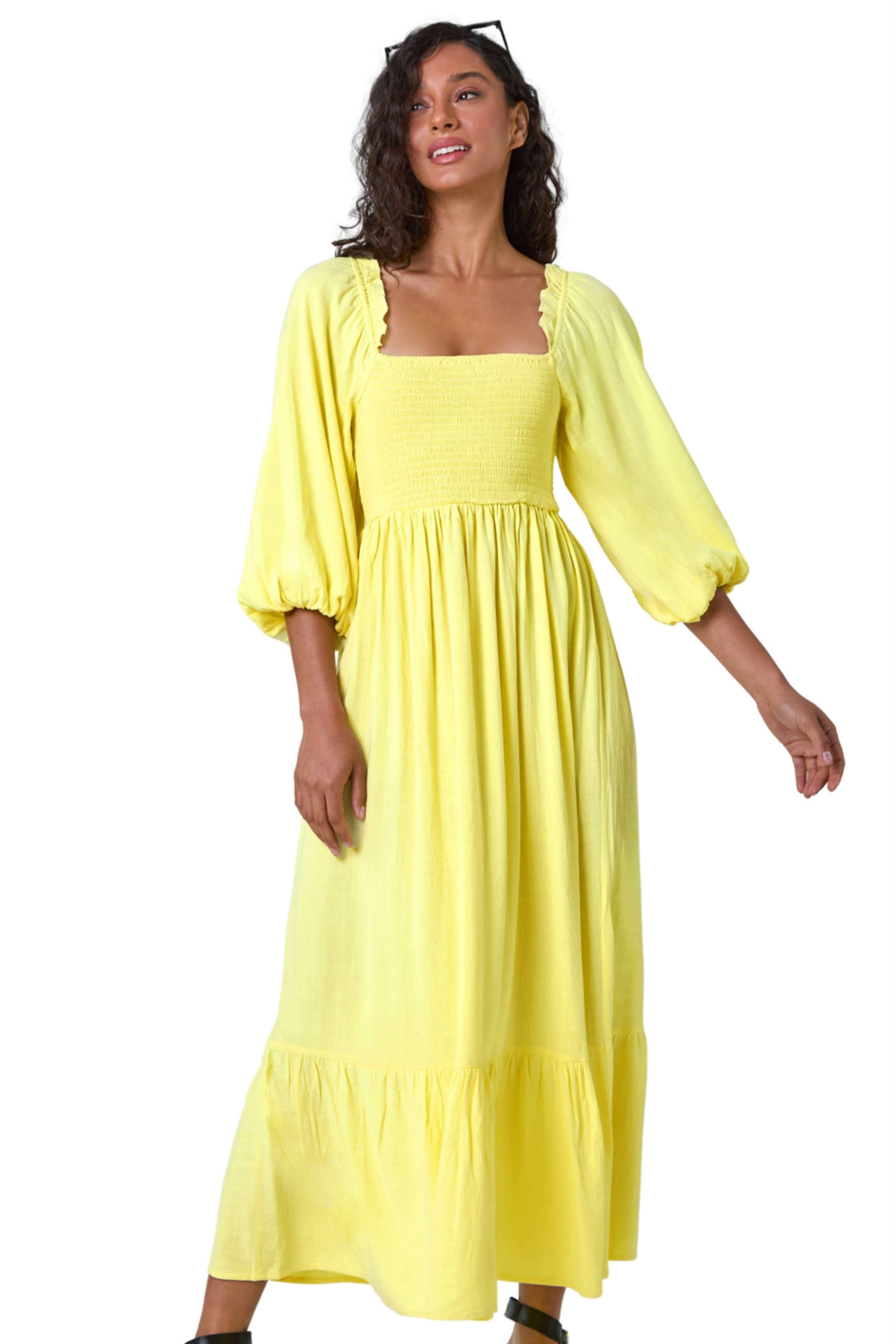 D.u.s.k Shirred Bodice Tiered Maxi Dress in Yellow | Lyst UK
