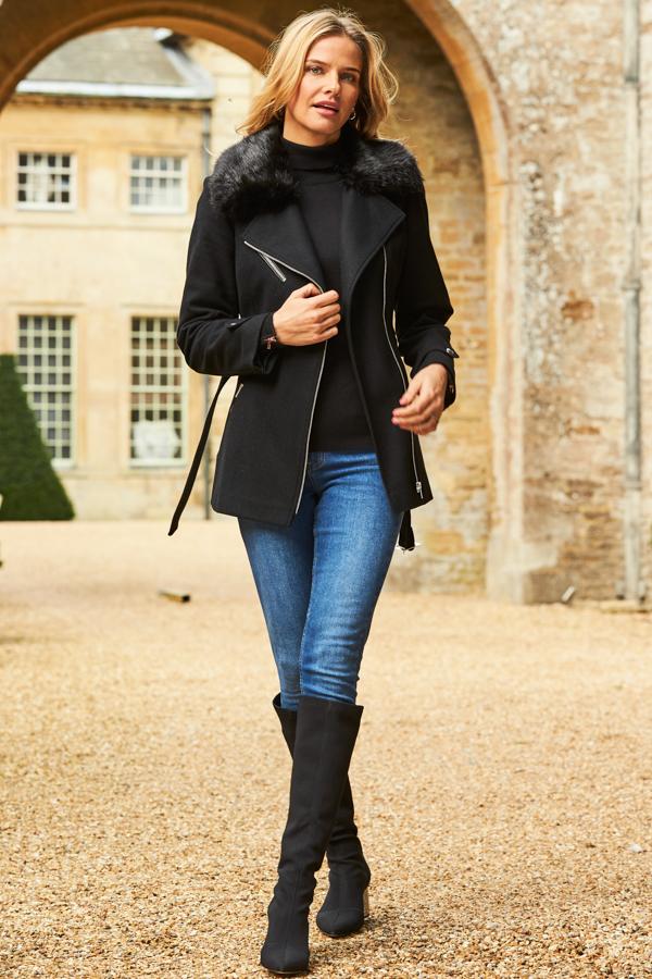 Sosandar Longline Biker Jacket With Faux Fur Collar in Black Lyst UK
