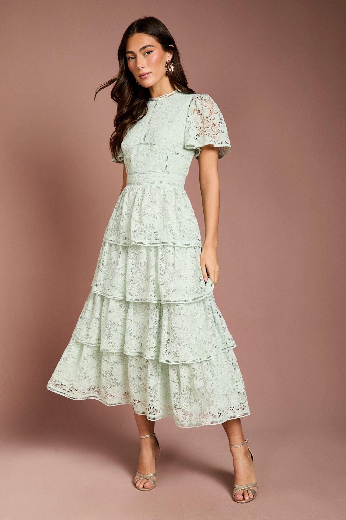 coast green lace dress Coast Women's Lisa Tan Lace Satin Trim Short Sleeve Midi Dress in Green | Size: 4
