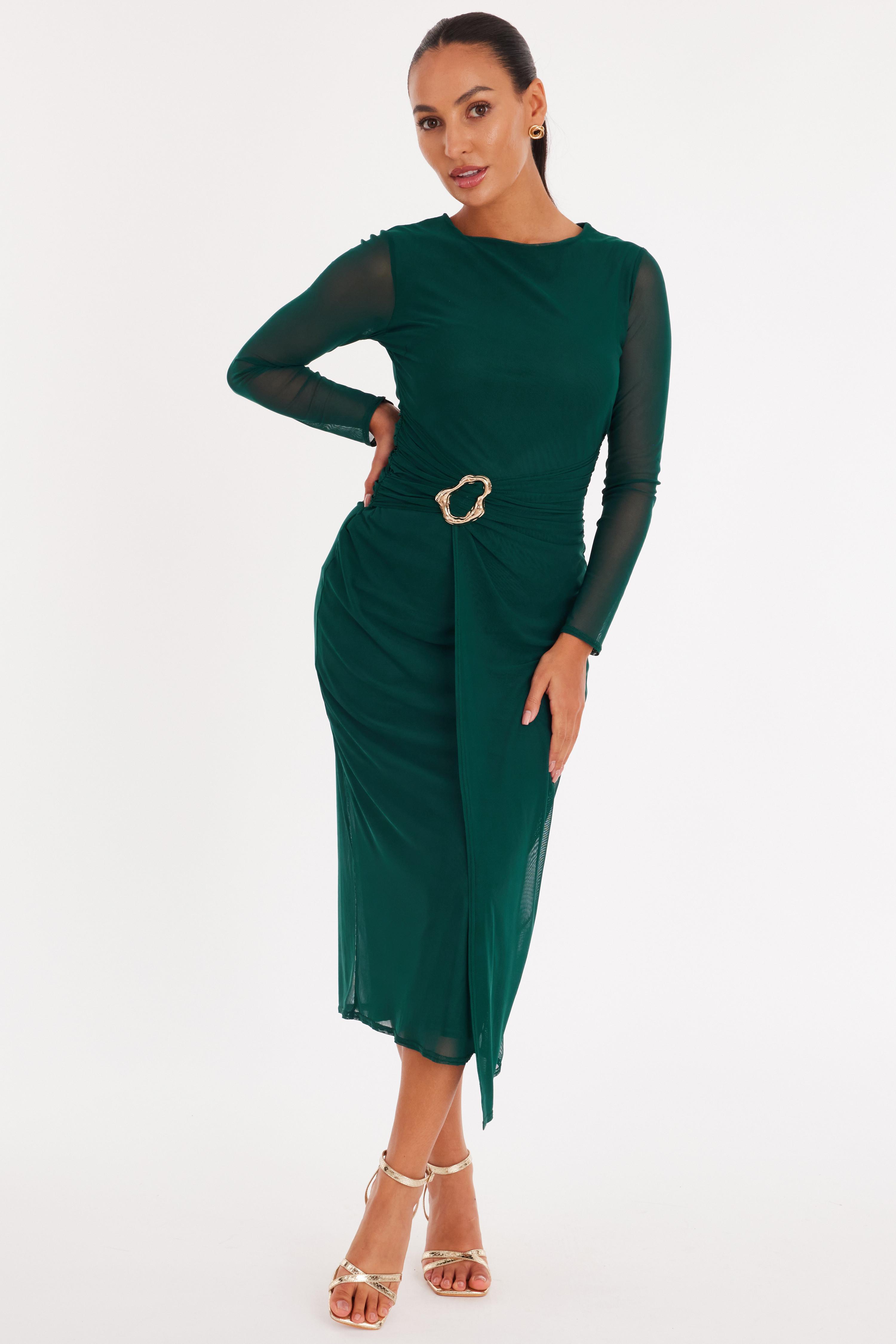 quiz clothing green dress Quiz Bottle Green Scuba Bardot Midi Skater Dress with Organza 3D Ruffle Trim