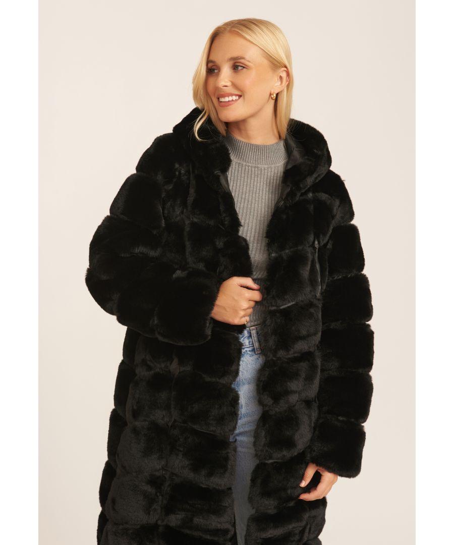 Black panelled hooded faux fur outlet coat