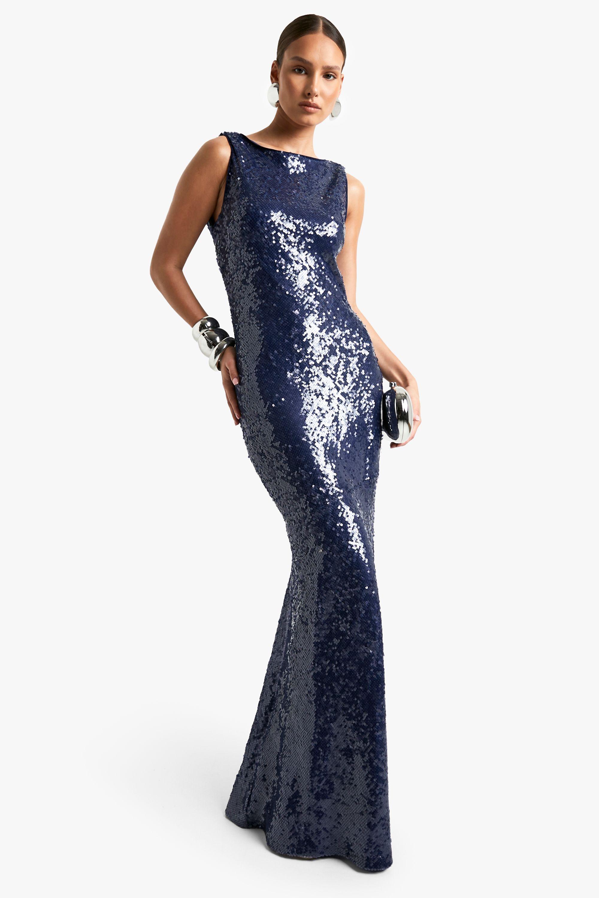 boohoo navy sequin dress Navy Velvet Sequin Slip Maxi Dress