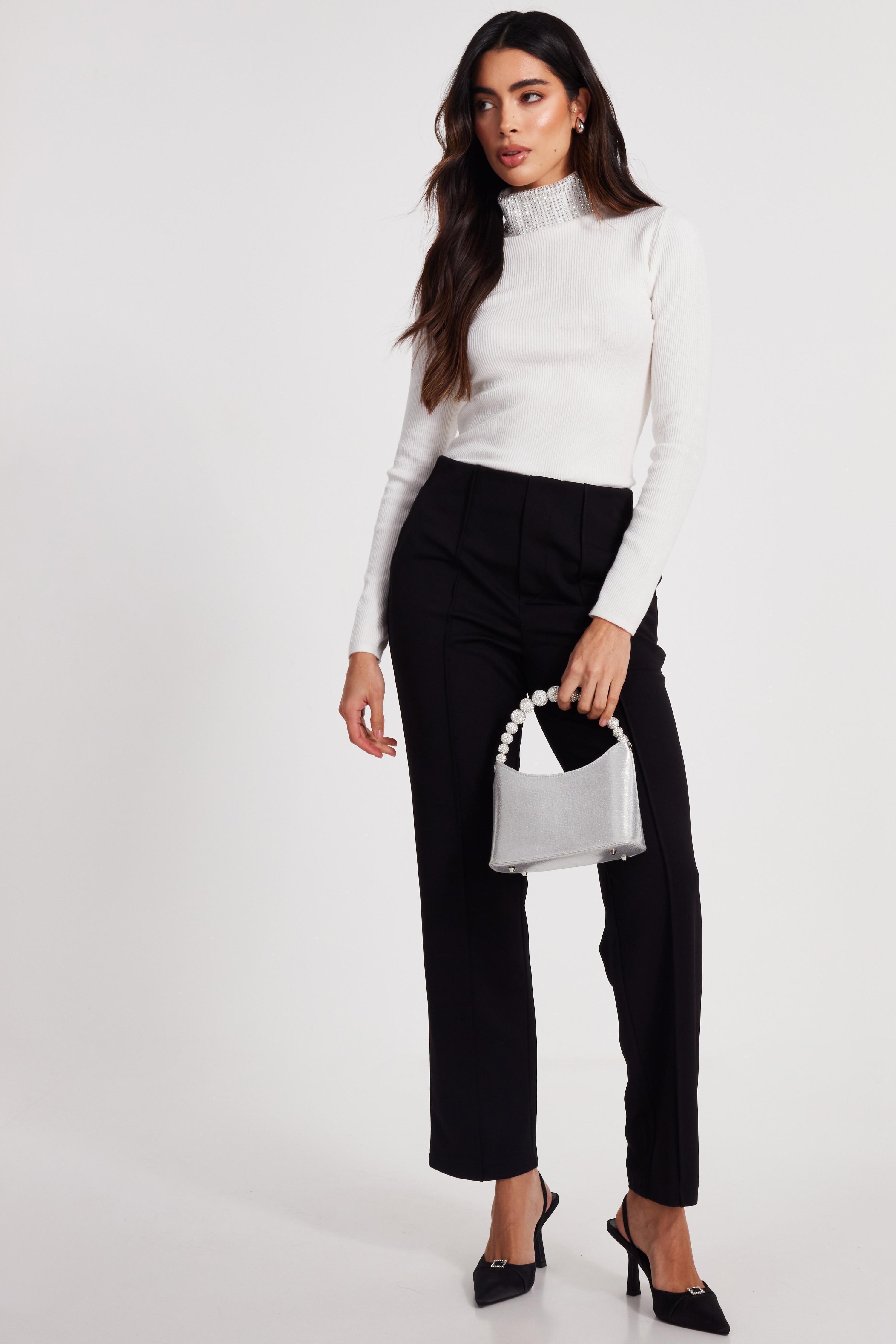 Quiz Diamante Turtle Neck Jumper Viscose in Natural Lyst UK