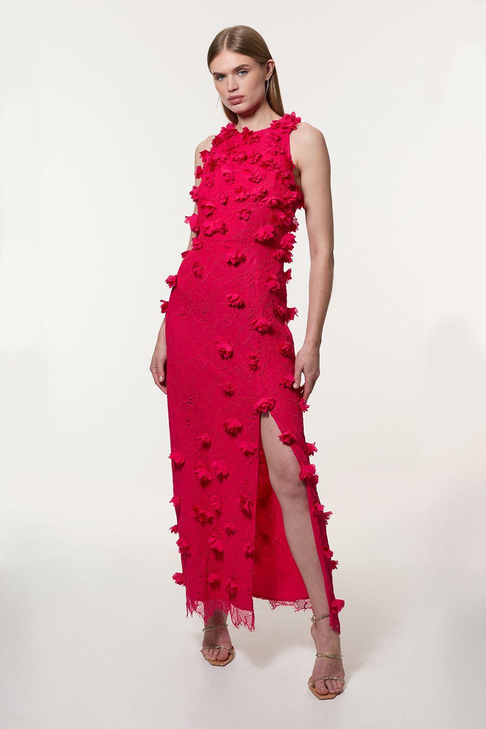 karen millen red lace dress Karen Millen Red Lace Pleated Midi Dress Women's Size 4 Silk Polyester Belted