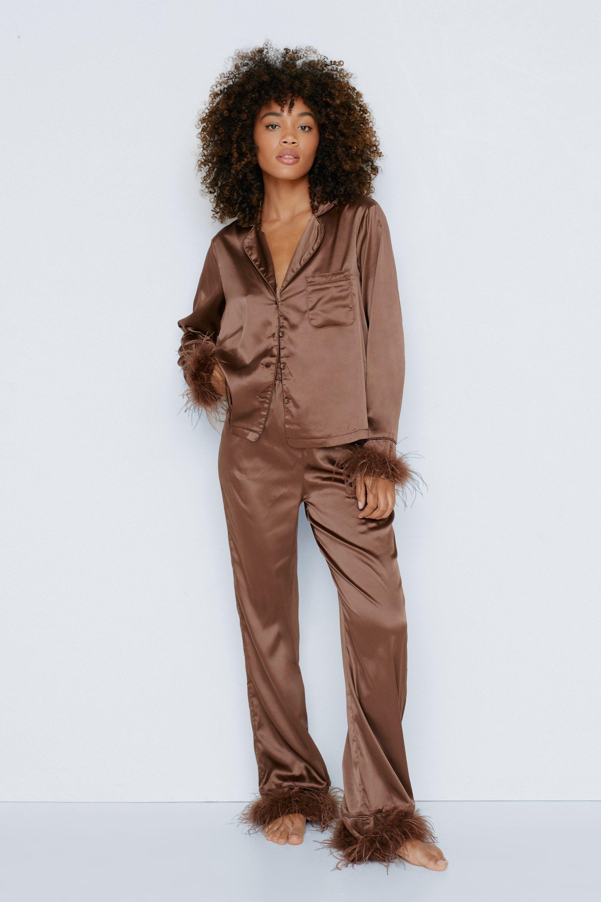 Nasty Gal Satin Feather Pajama Shirt And Pants Set in Brown Lyst UK