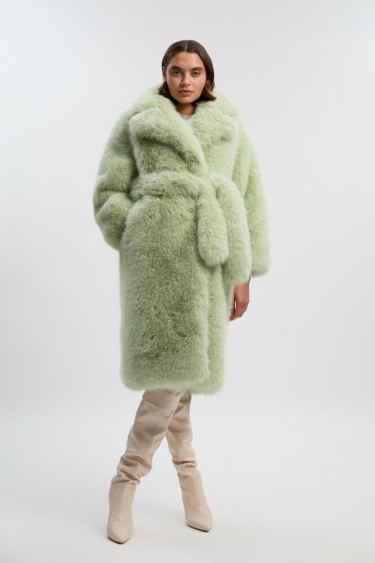 Karen Millen Petite Textured Faux Fur Belted Long Full Collar Coat