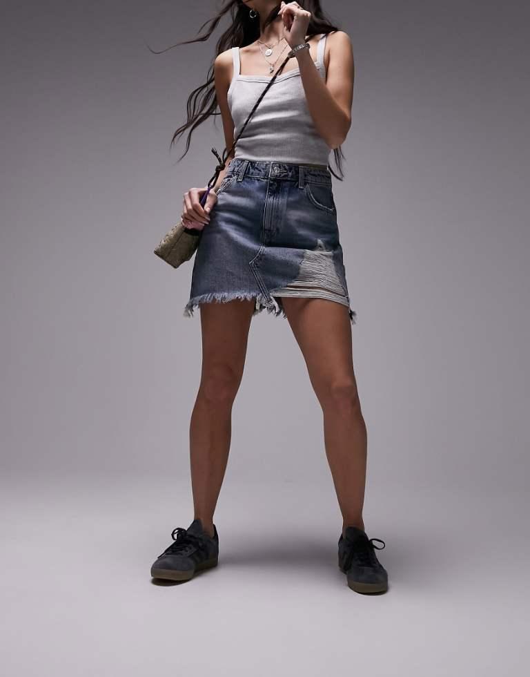 TOPSHOP Extreme Rip High Waist Denim Skirt in Grey Lyst UK