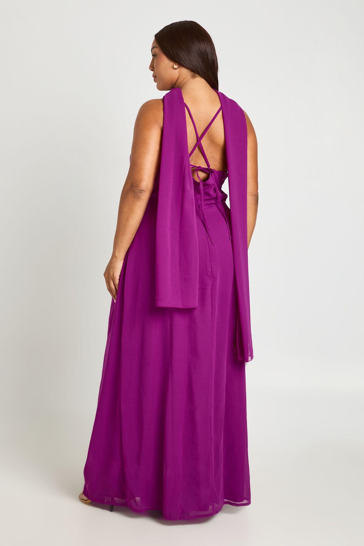 purple maxi dress boohoo Purple Plus Floral Print Frill Waist Detail Maxi Dress