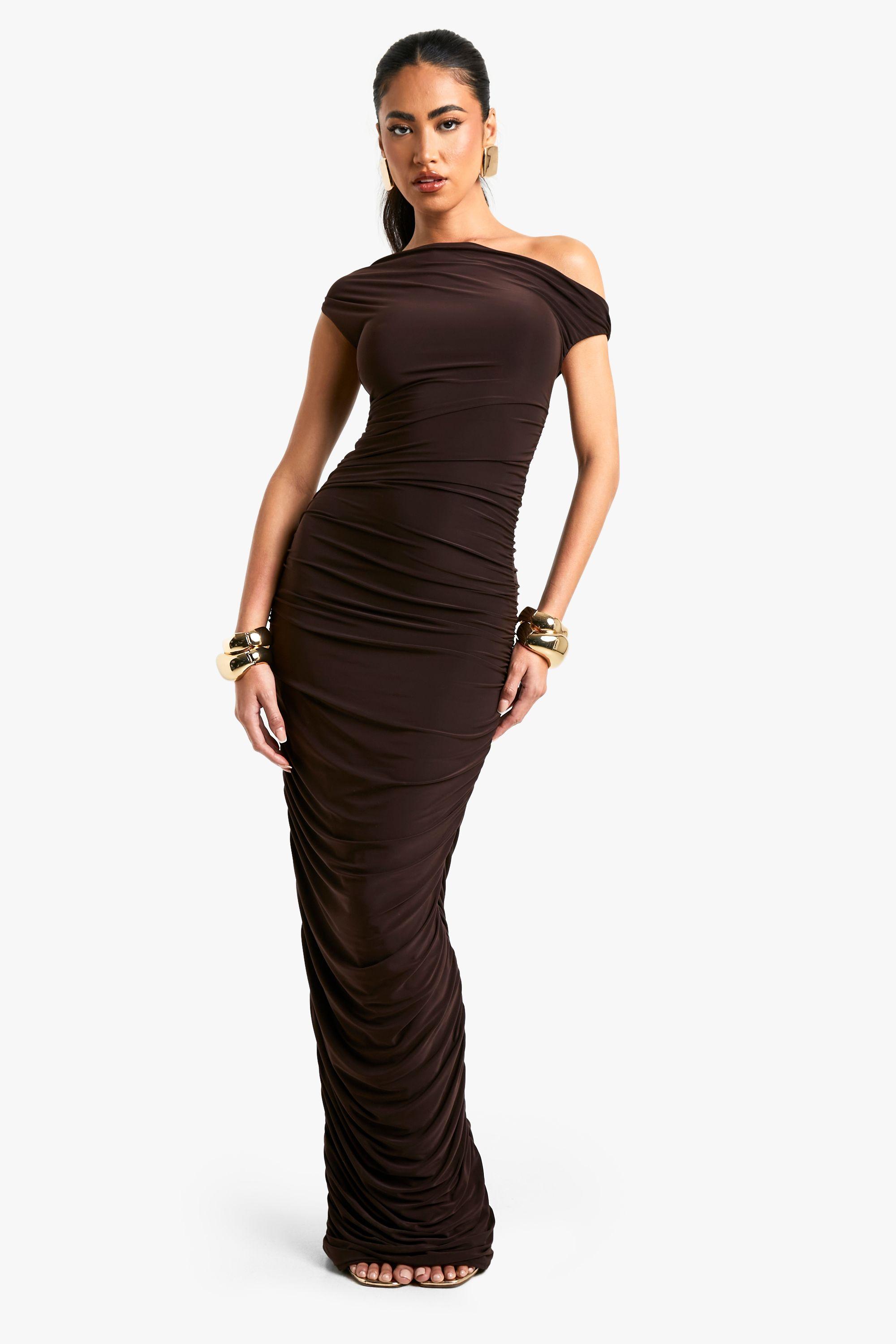 Boohoo One Shoulder Asymmetric Ruched Maxi Dress in Brown