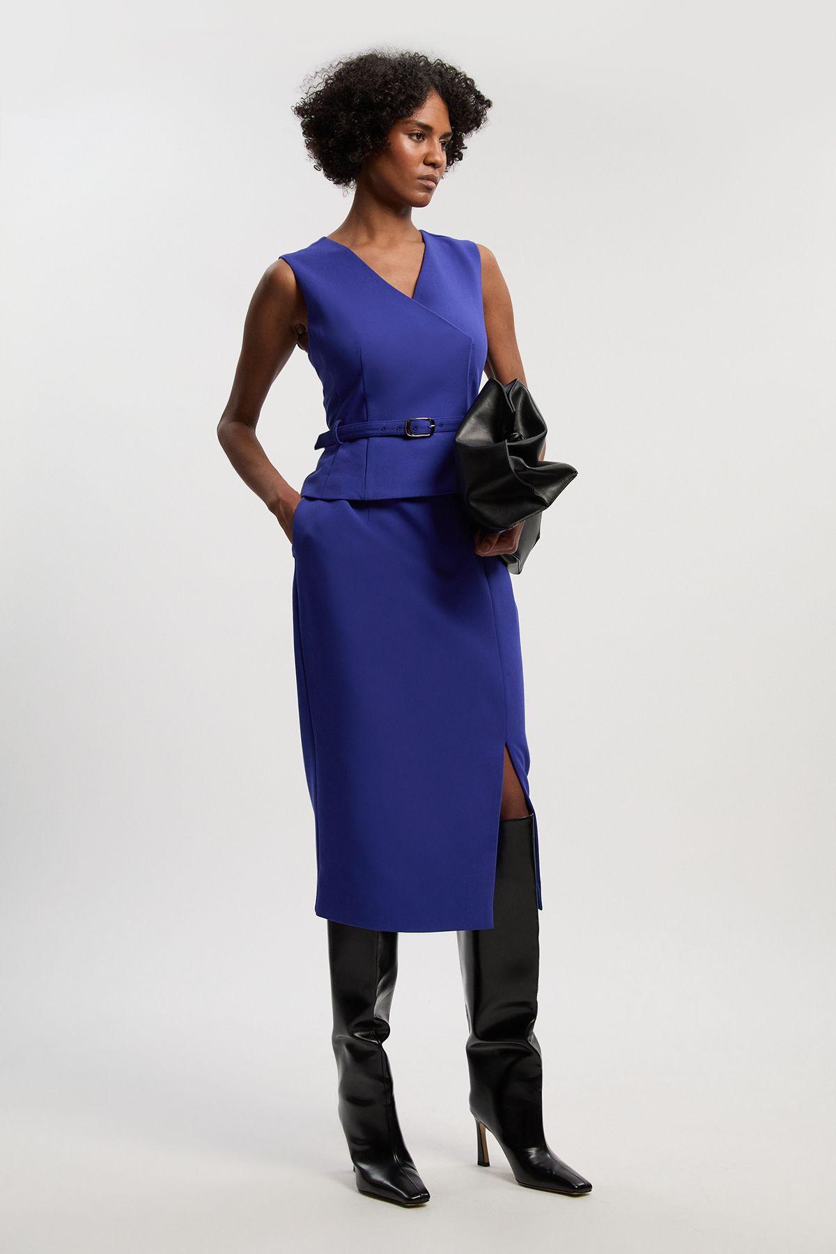 Karen Millen Compact Essential Belted Tailored Midi Pencil Dress in Blue |  Lyst UK