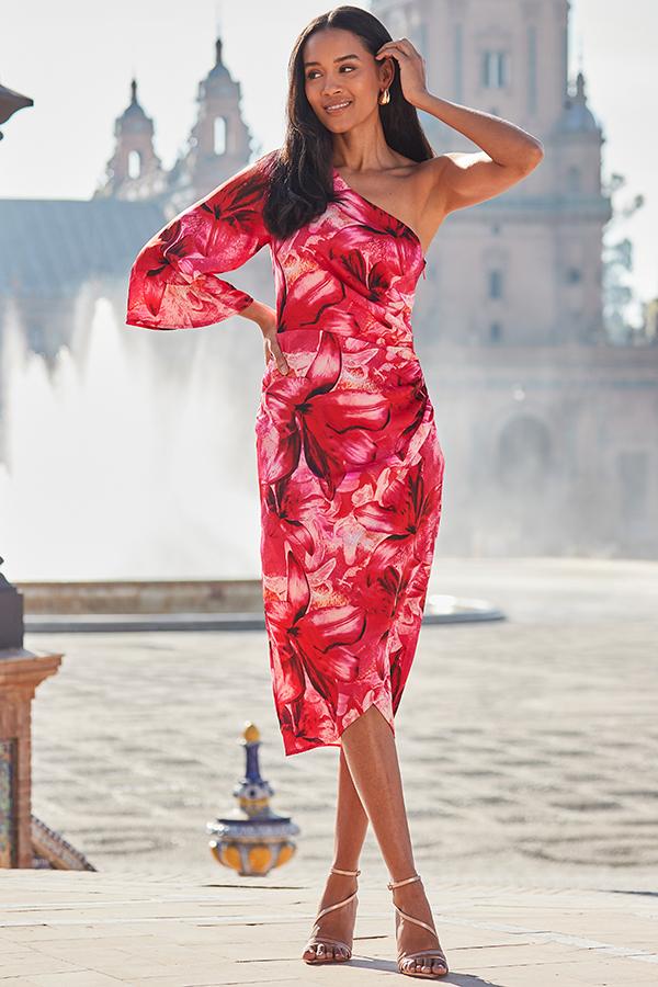 dewdrop floral red one shoulder midi dress Sosandar Floral Print One Shoulder Midi Dress in Red